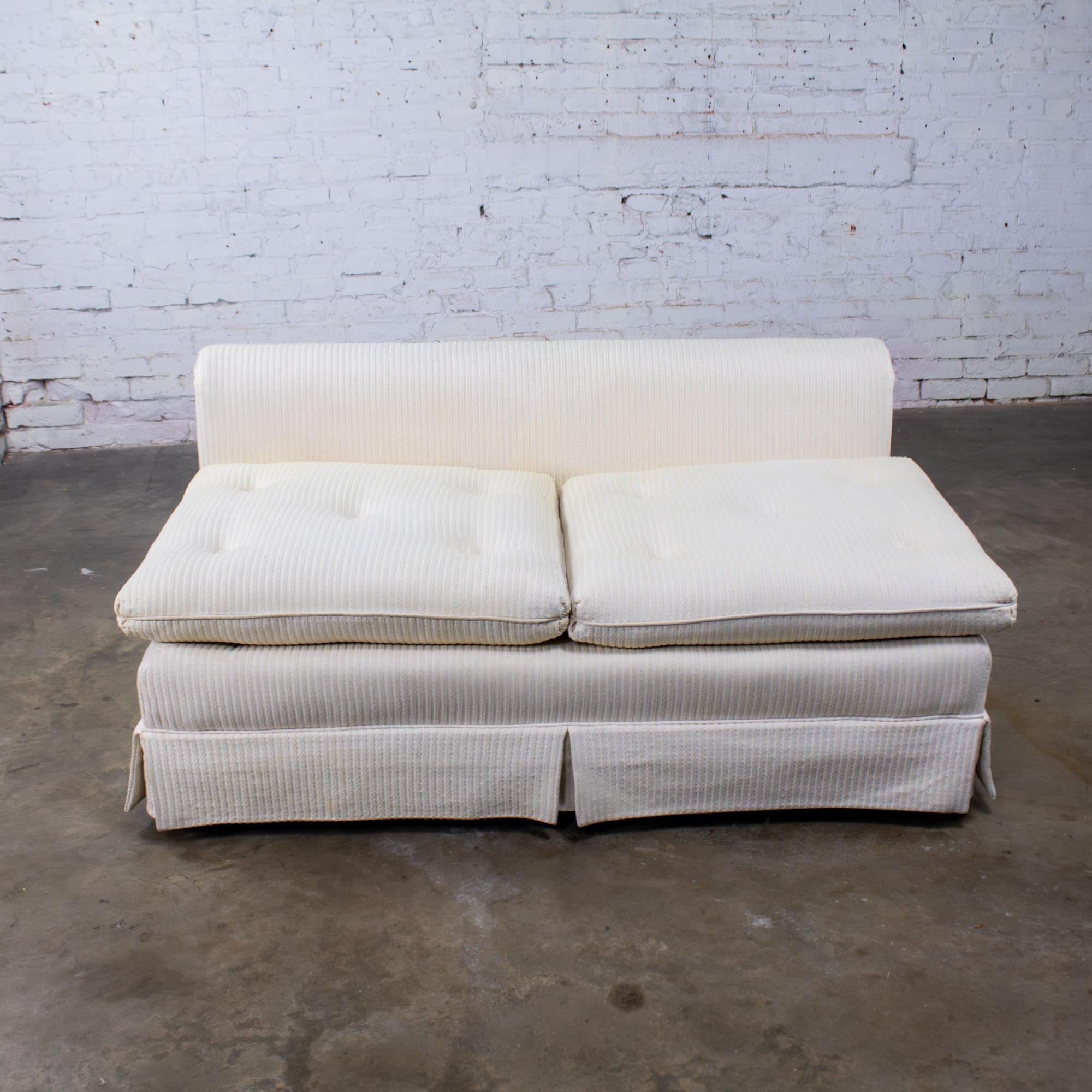 Late 20th Century MCM to Modern Slipper Style Loveseat or Armless Sofa Off White Textured Stripe Upholstery