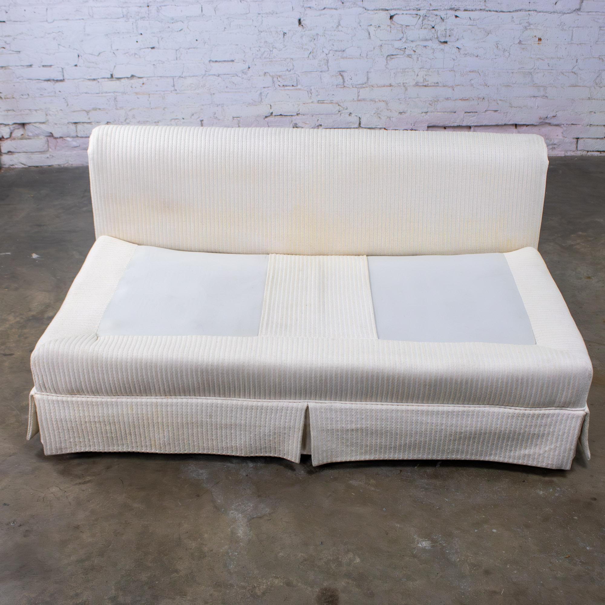 Late 20th Century MCM to Modern Slipper Style Loveseat or Armless Sofa Off White Textured Stripe Upholstery