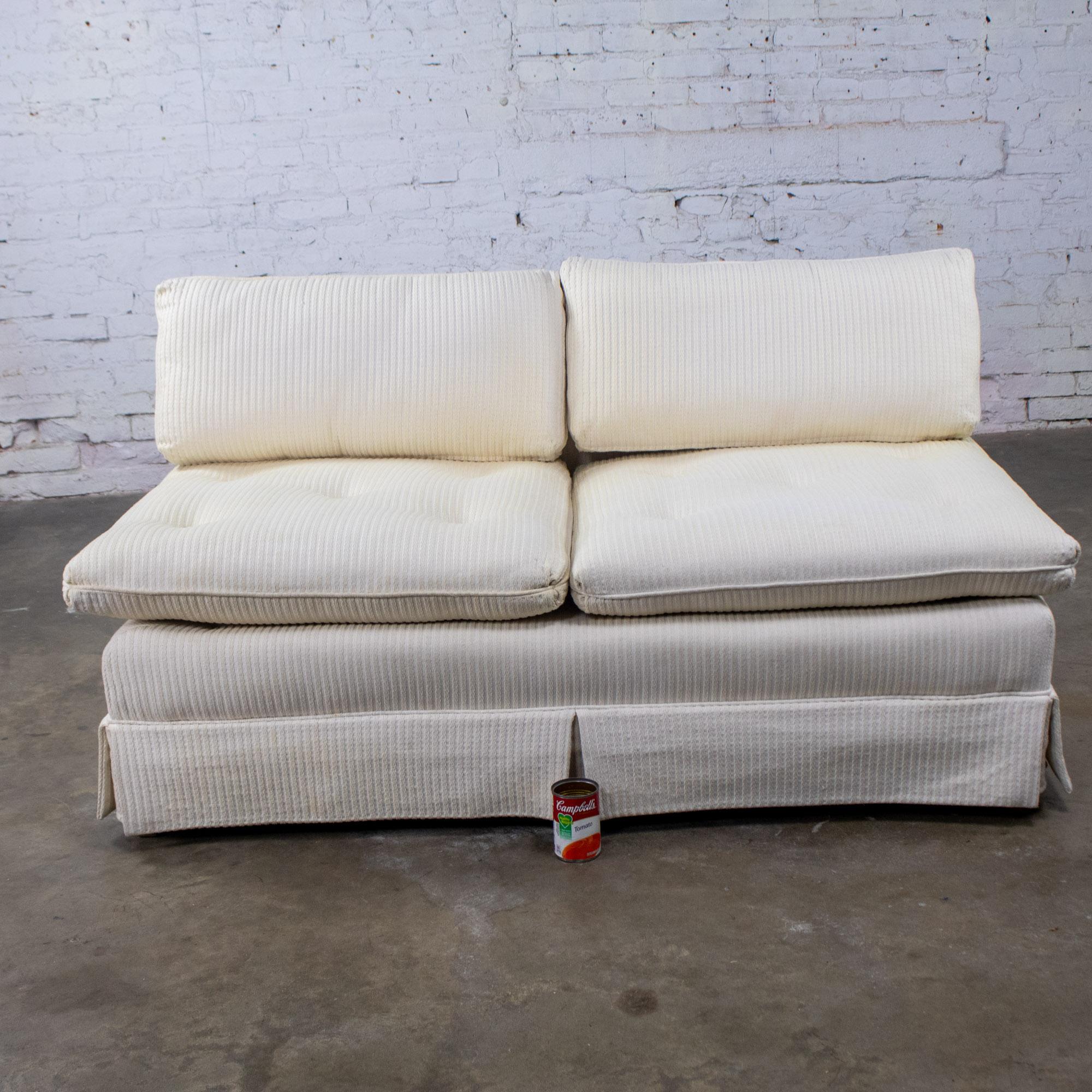 Late 20th Century MCM to Modern Slipper Style Loveseat or Armless Sofa Off White Textured Stripe Upholstery