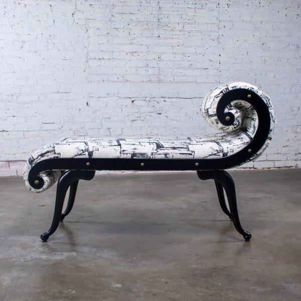 1930-1940’s Hollywood Regency Chaise Style Bench by Irving Chase Manufacturing Scrolled Arm & Black Painted Frame