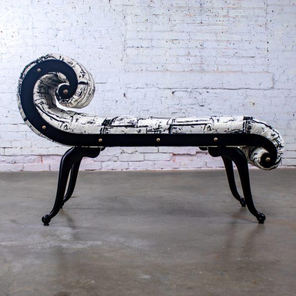 1930-1940’s Hollywood Regency Chaise Style Bench by Irving Chase Manufacturing Scrolled Arm & Black Painted Frame