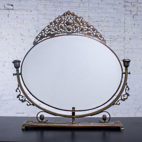 Late 19th to Early 20th Century Art Nouveau Metal Tabletop Vanity Oval Beveled Mirror w/Candle Holders