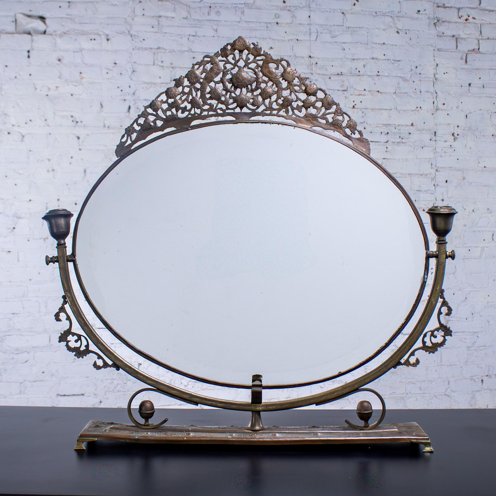 Late 19th to Early 20th Century Art Nouveau Metal Tabletop Vanity Oval Beveled Mirror w/Candle Holders