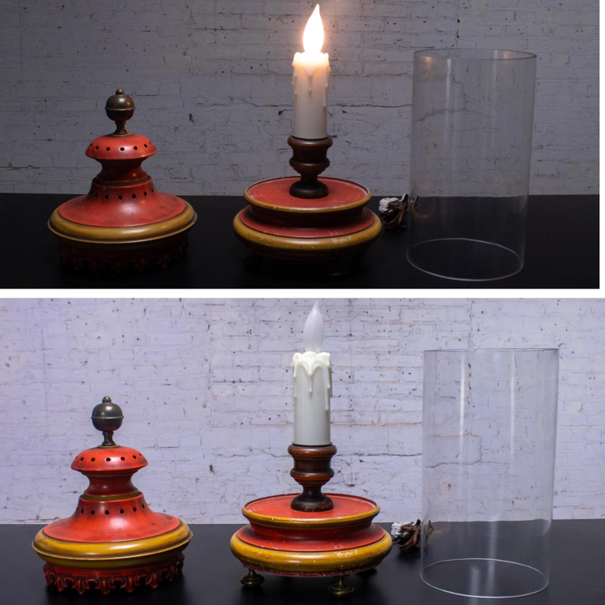 1960-1970’s Campaign Style Hurricane Lantern Table Lamp Orange & Yellow Painted Metal Frame & Brass Accents