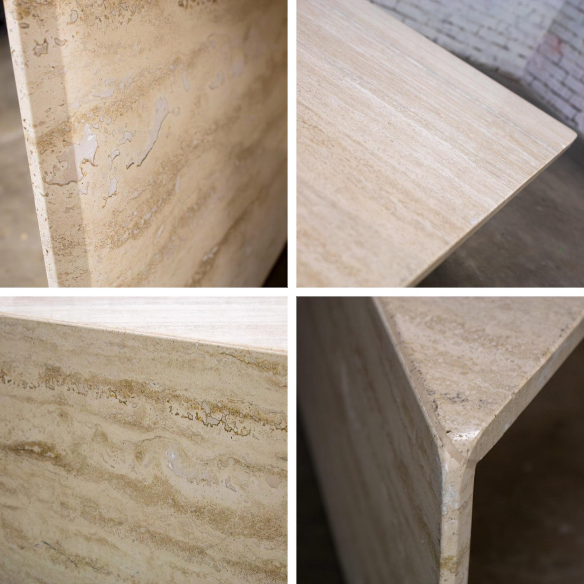 Late 20th Century Modern to Postmodern Triangle Travertine Coffee or Cocktail Table Style of Up & Up