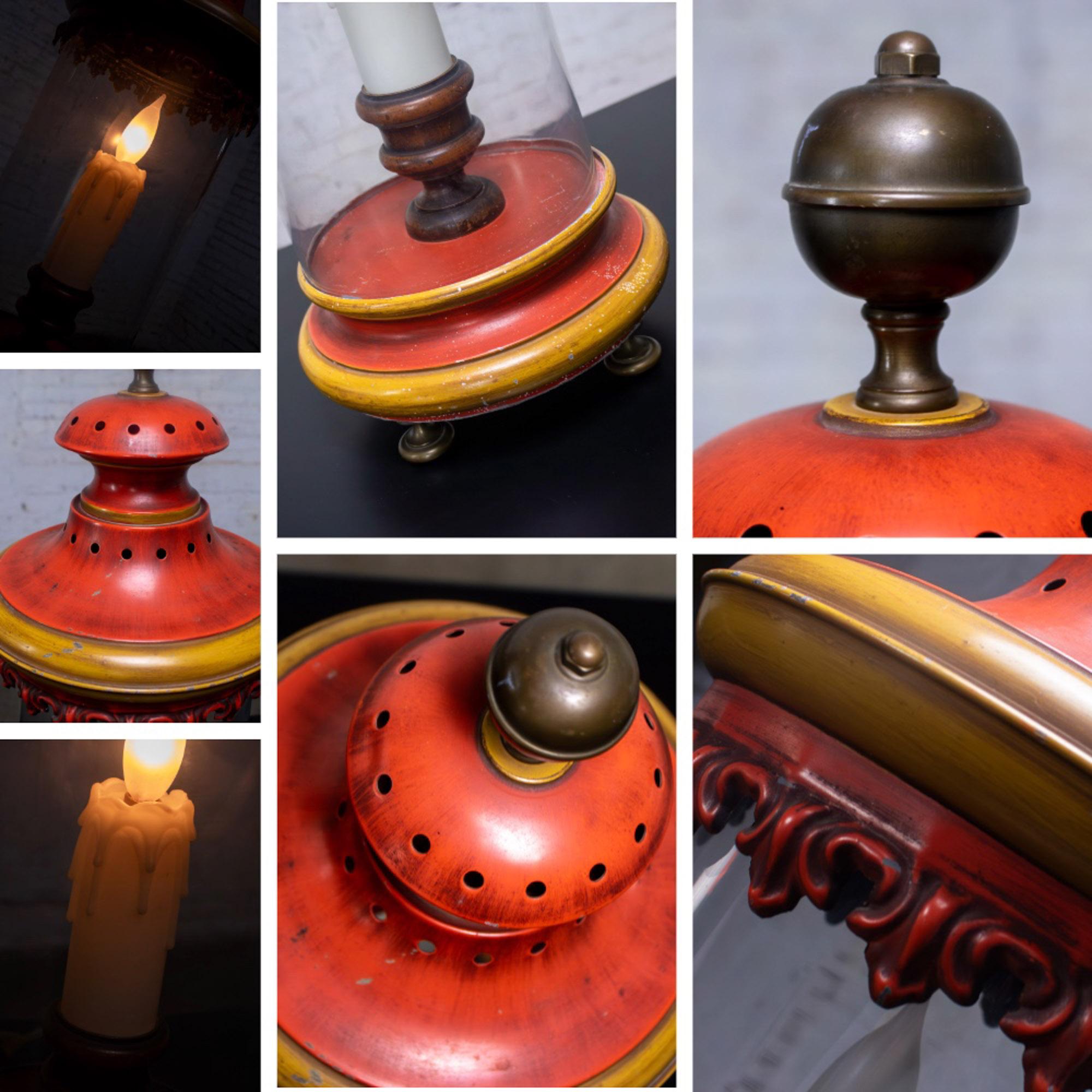 1960-1970’s Campaign Style Hurricane Lantern Table Lamp Orange & Yellow Painted Metal Frame & Brass Accents