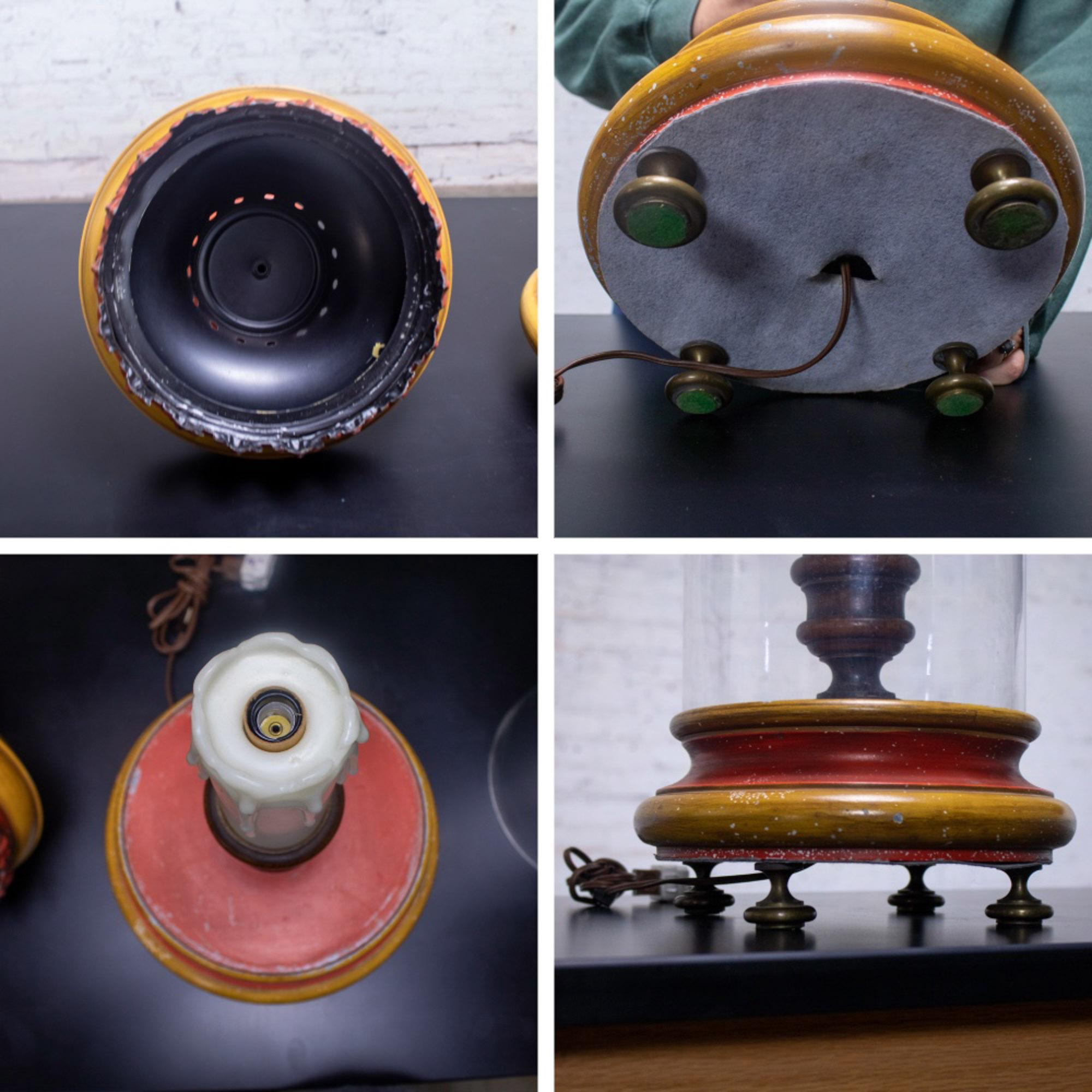 1960-1970’s Campaign Style Hurricane Lantern Table Lamp Orange & Yellow Painted Metal Frame & Brass Accents