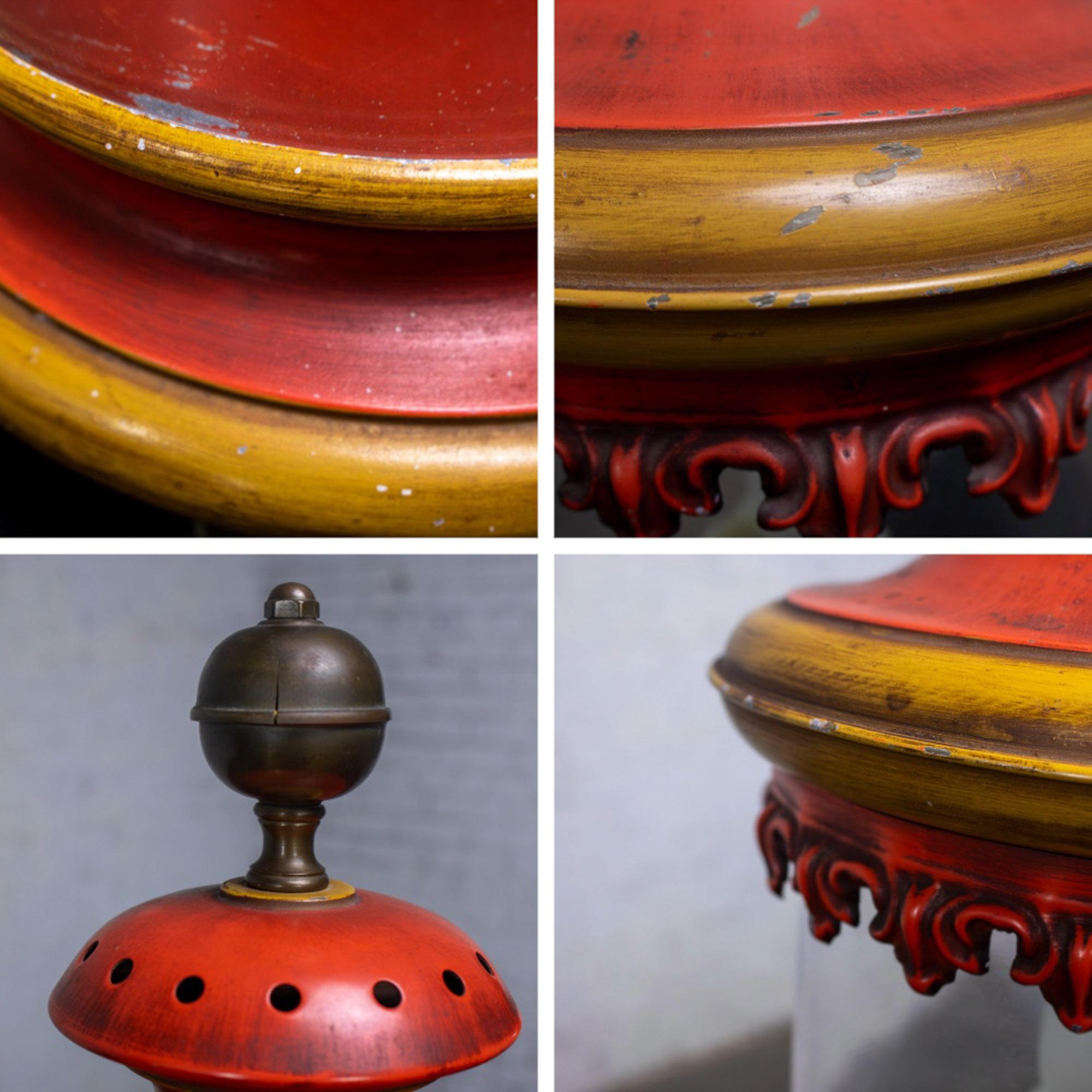 1960-1970’s Campaign Style Hurricane Lantern Table Lamp Orange & Yellow Painted Metal Frame & Brass Accents