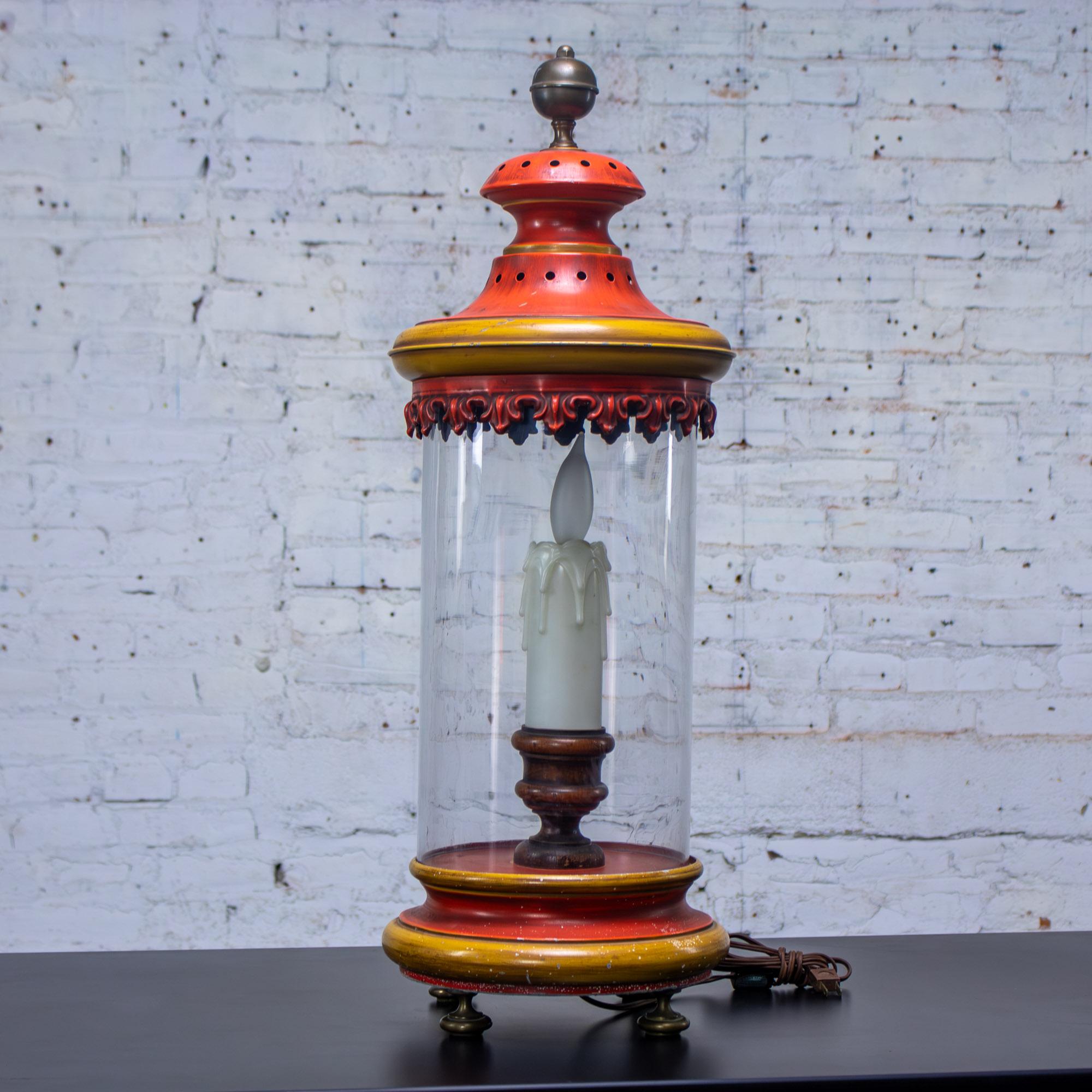 1960-1970’s Campaign Style Hurricane Lantern Table Lamp Orange & Yellow Painted Metal Frame & Brass Accents