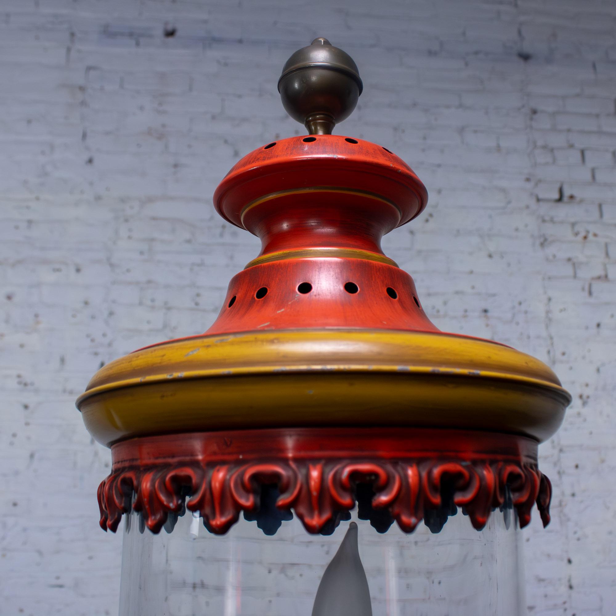 1960-1970’s Campaign Style Hurricane Lantern Table Lamp Orange & Yellow Painted Metal Frame & Brass Accents