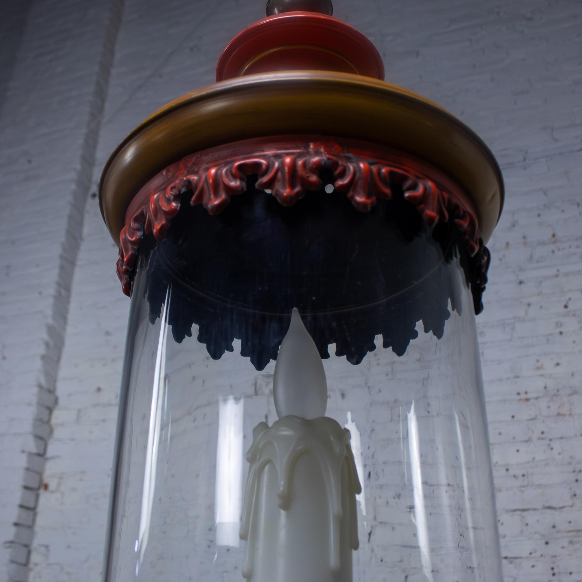 1960-1970’s Campaign Style Hurricane Lantern Table Lamp Orange & Yellow Painted Metal Frame & Brass Accents