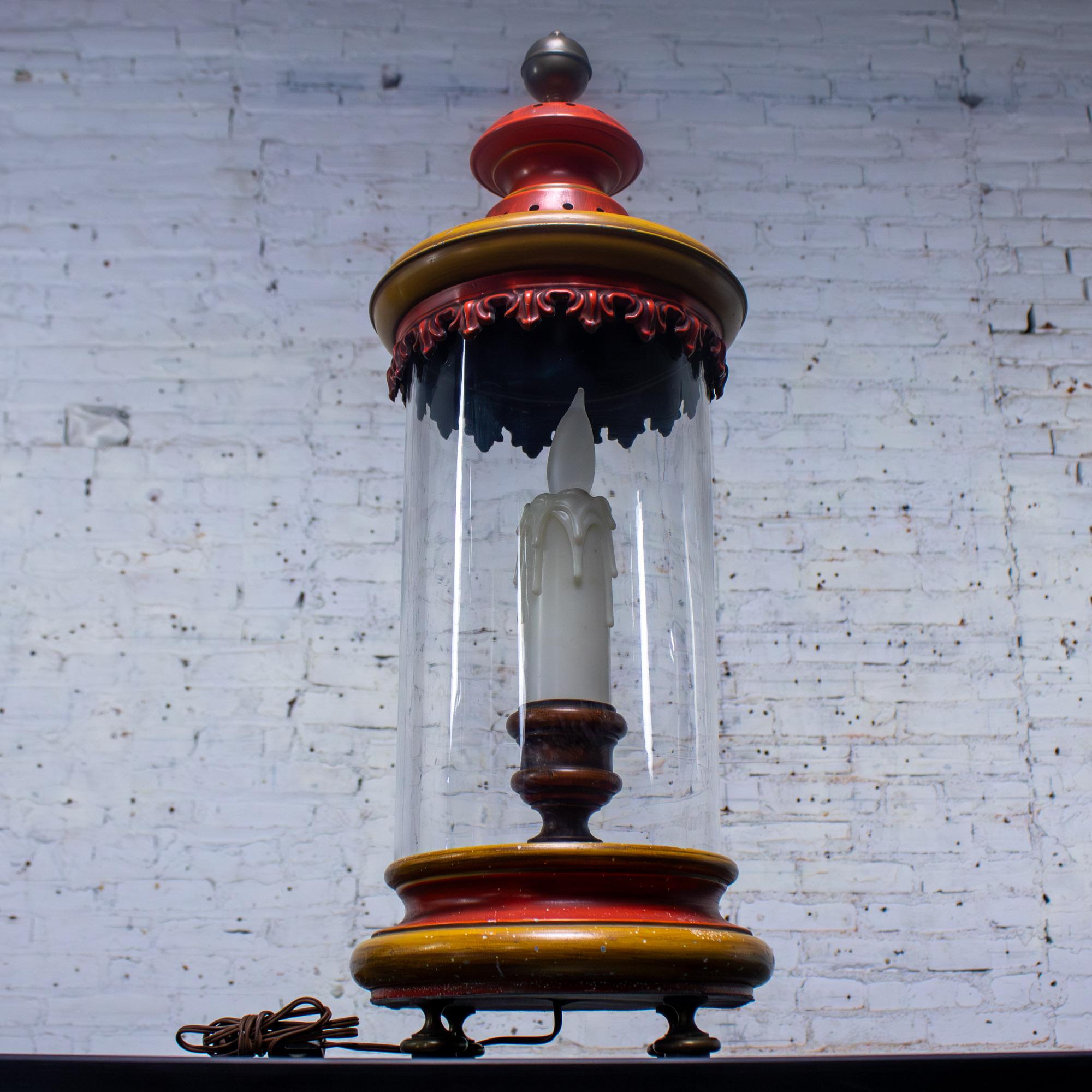 1960-1970’s Campaign Style Hurricane Lantern Table Lamp Orange & Yellow Painted Metal Frame & Brass Accents