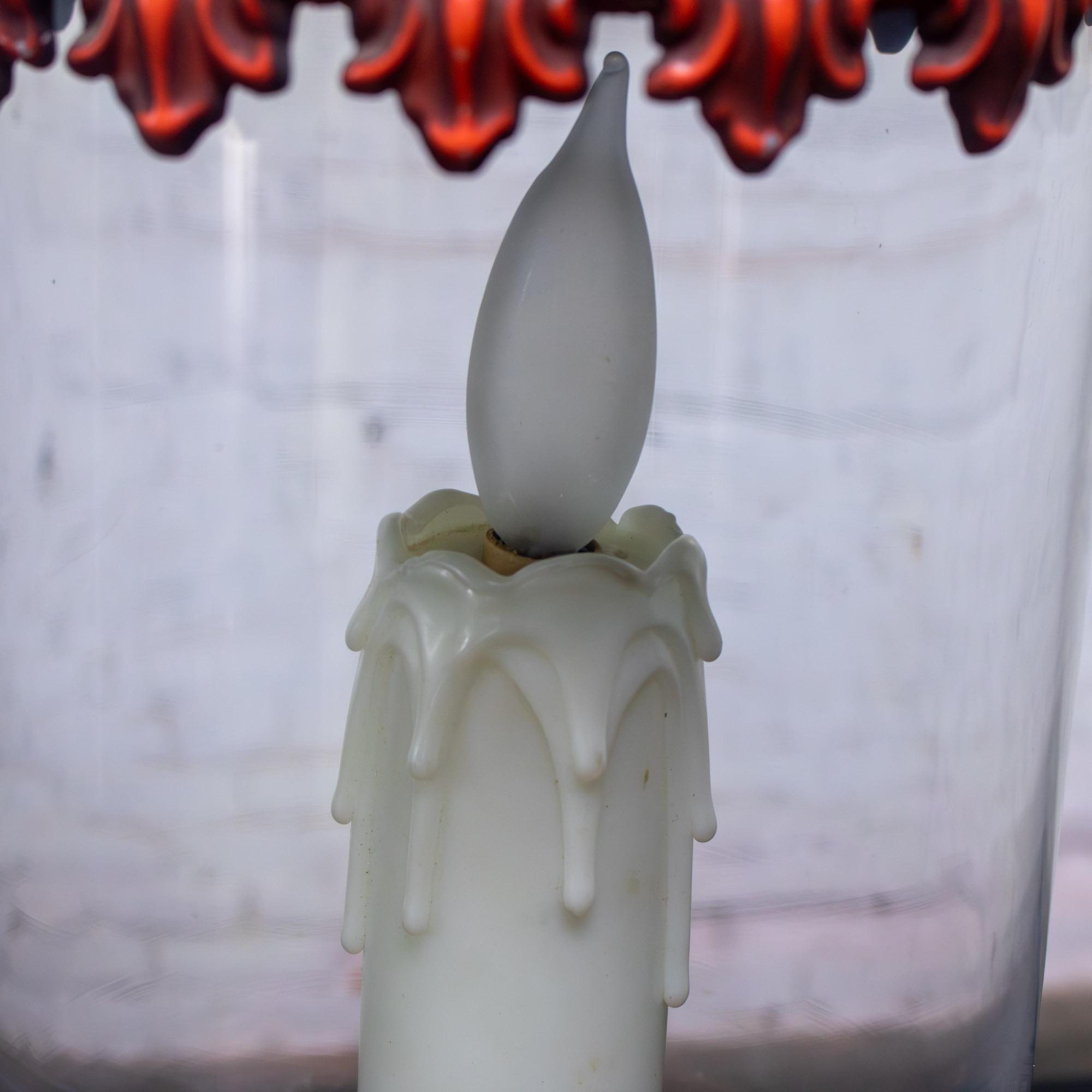 1960-1970’s Campaign Style Hurricane Lantern Table Lamp Orange & Yellow Painted Metal Frame & Brass Accents