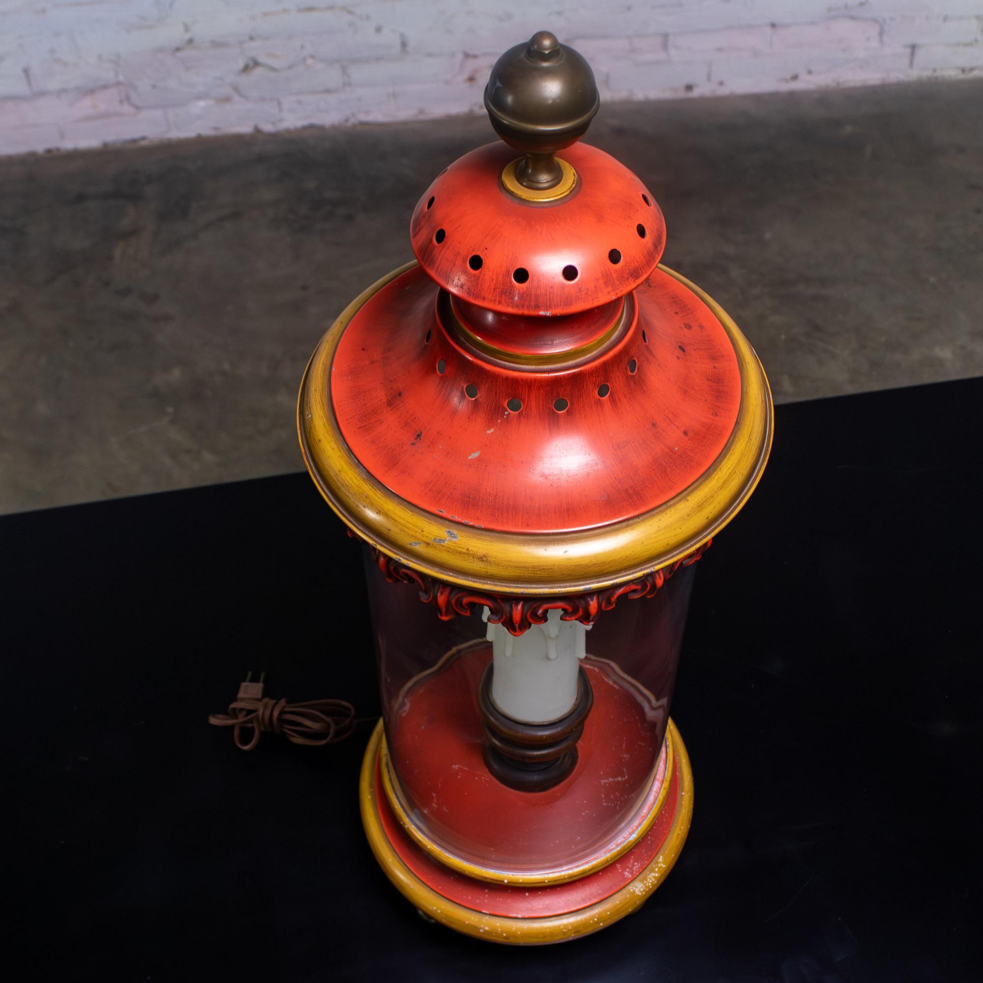 1960-1970’s Campaign Style Hurricane Lantern Table Lamp Orange & Yellow Painted Metal Frame & Brass Accents