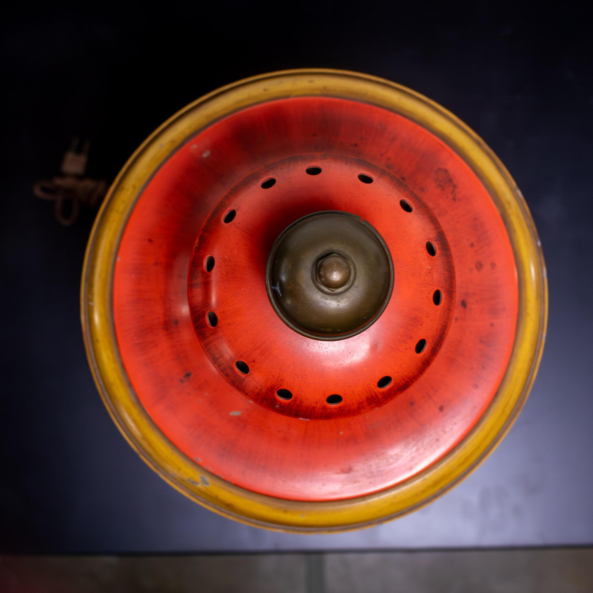 1960-1970’s Campaign Style Hurricane Lantern Table Lamp Orange & Yellow Painted Metal Frame & Brass Accents