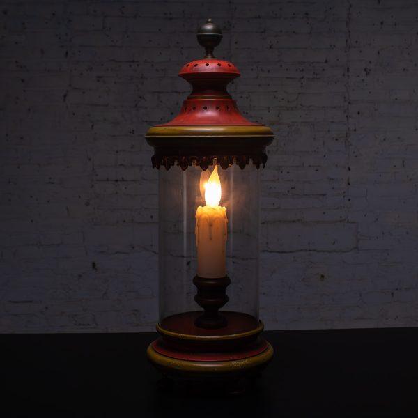 1960-1970’s Campaign Style Hurricane Lantern Table Lamp Orange & Yellow Painted Metal Frame & Brass Accents