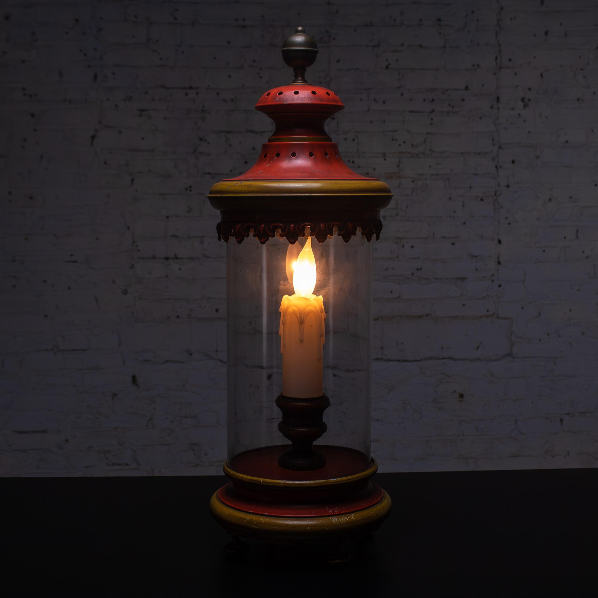 1960-1970’s Campaign Style Hurricane Lantern Table Lamp Orange & Yellow Painted Metal Frame & Brass Accents