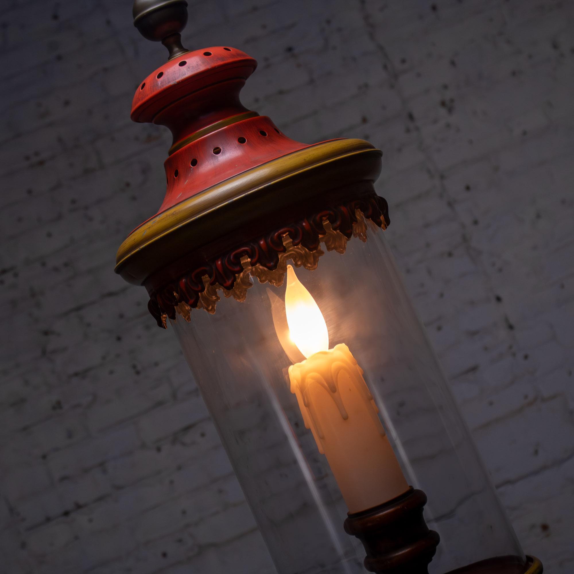 1960-1970’s Campaign Style Hurricane Lantern Table Lamp Orange & Yellow Painted Metal Frame & Brass Accents