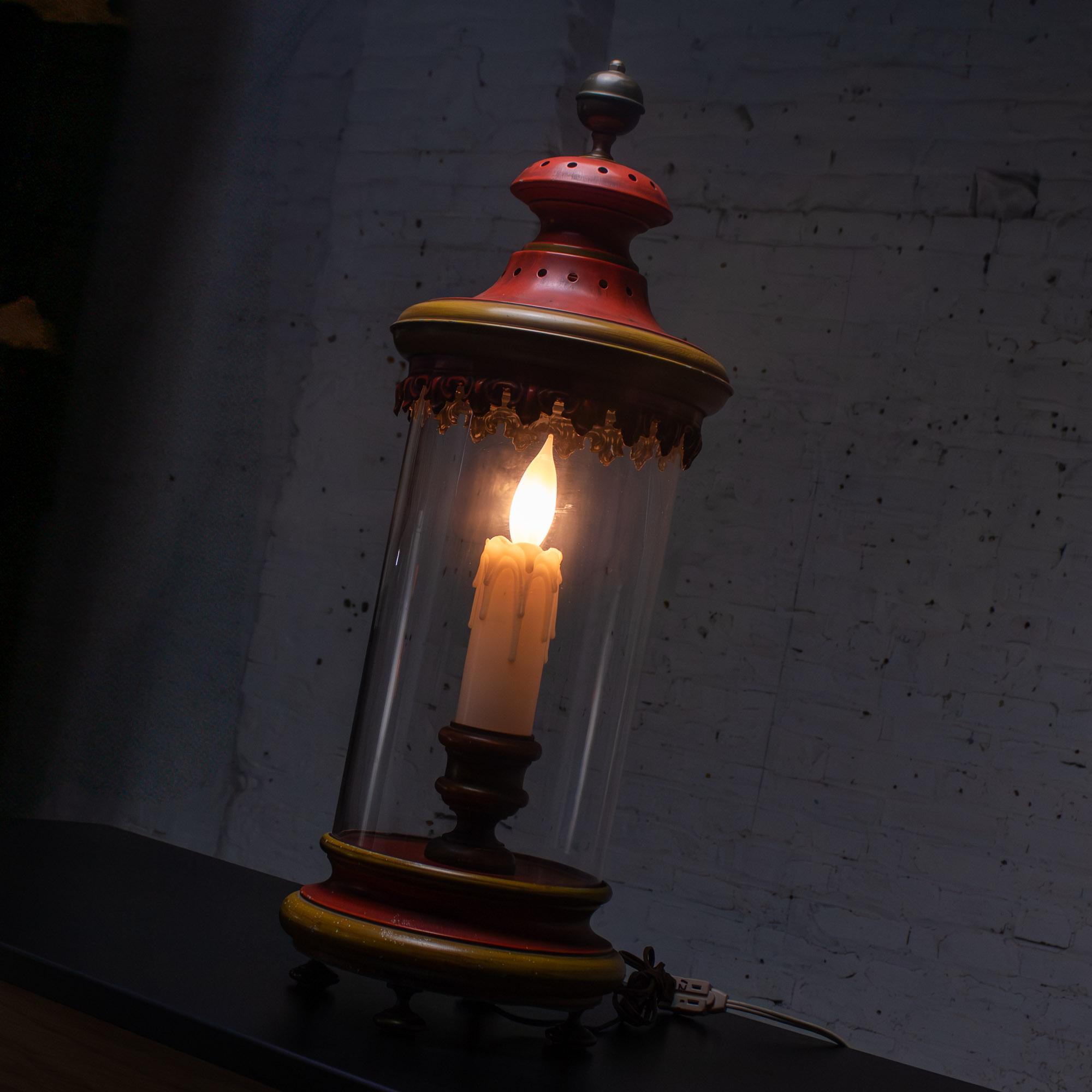 1960-1970’s Campaign Style Hurricane Lantern Table Lamp Orange & Yellow Painted Metal Frame & Brass Accents