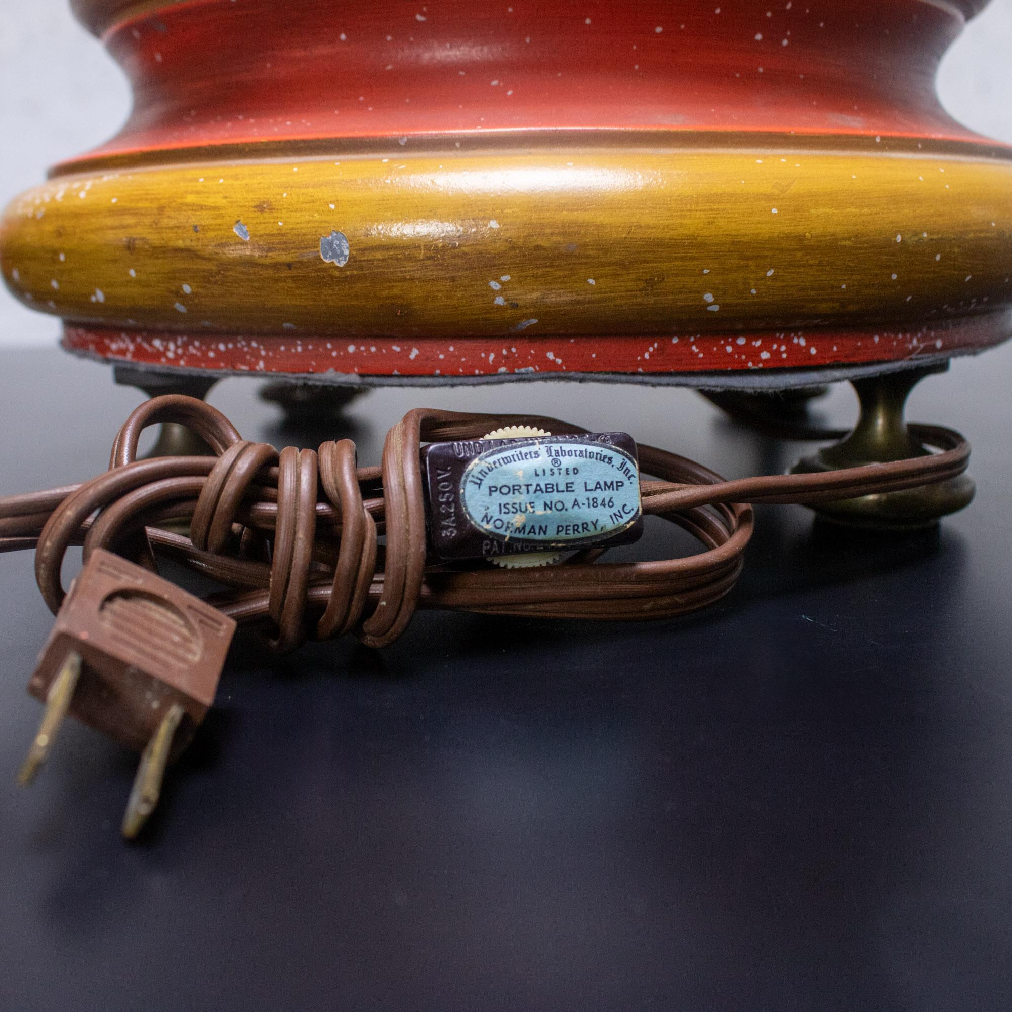 1960-1970’s Campaign Style Hurricane Lantern Table Lamp Orange & Yellow Painted Metal Frame & Brass Accents