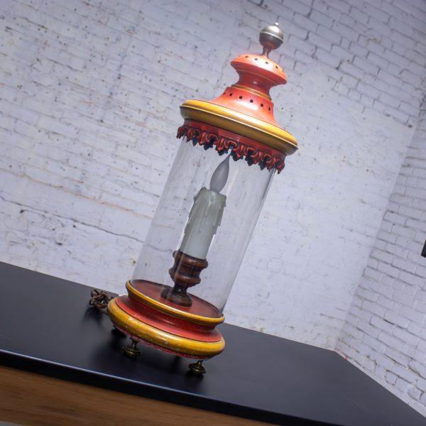 1960-1970’s Campaign Style Hurricane Lantern Table Lamp Orange & Yellow Painted Metal Frame & Brass Accents