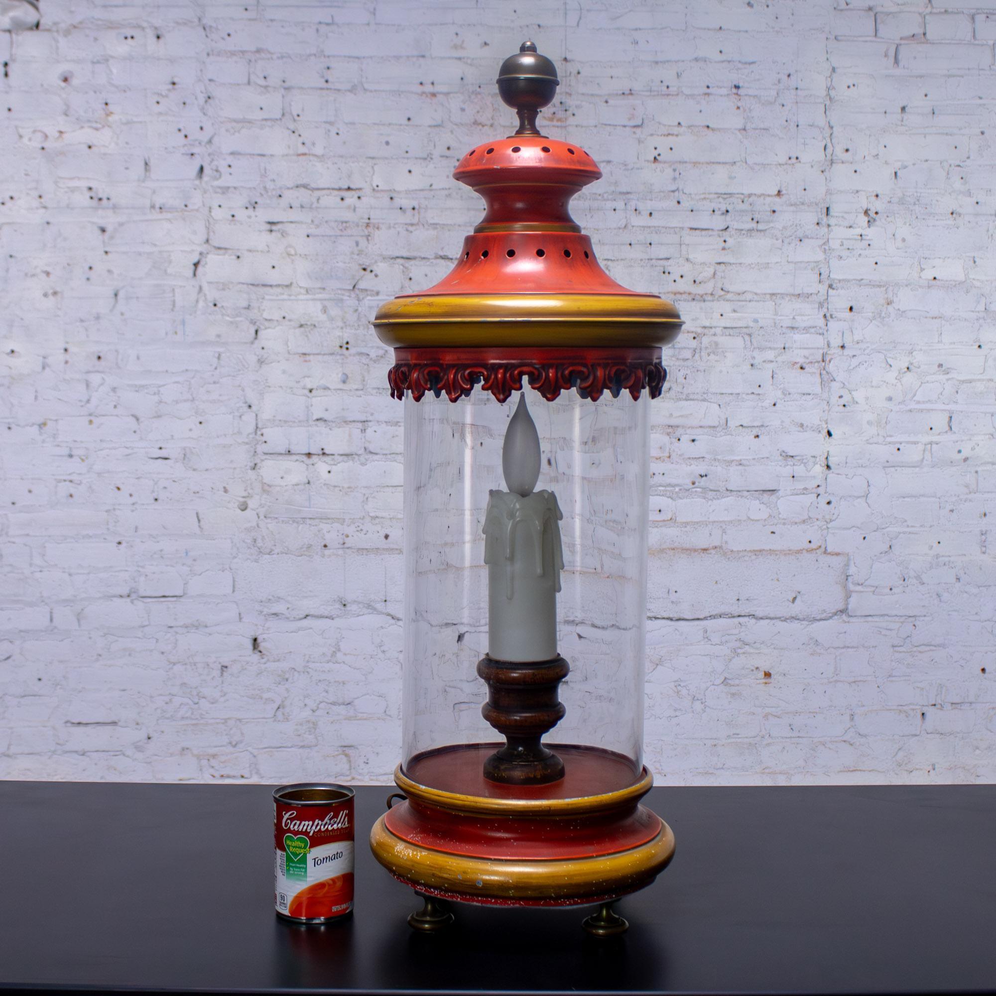 1960-1970’s Campaign Style Hurricane Lantern Table Lamp Orange & Yellow Painted Metal Frame & Brass Accents