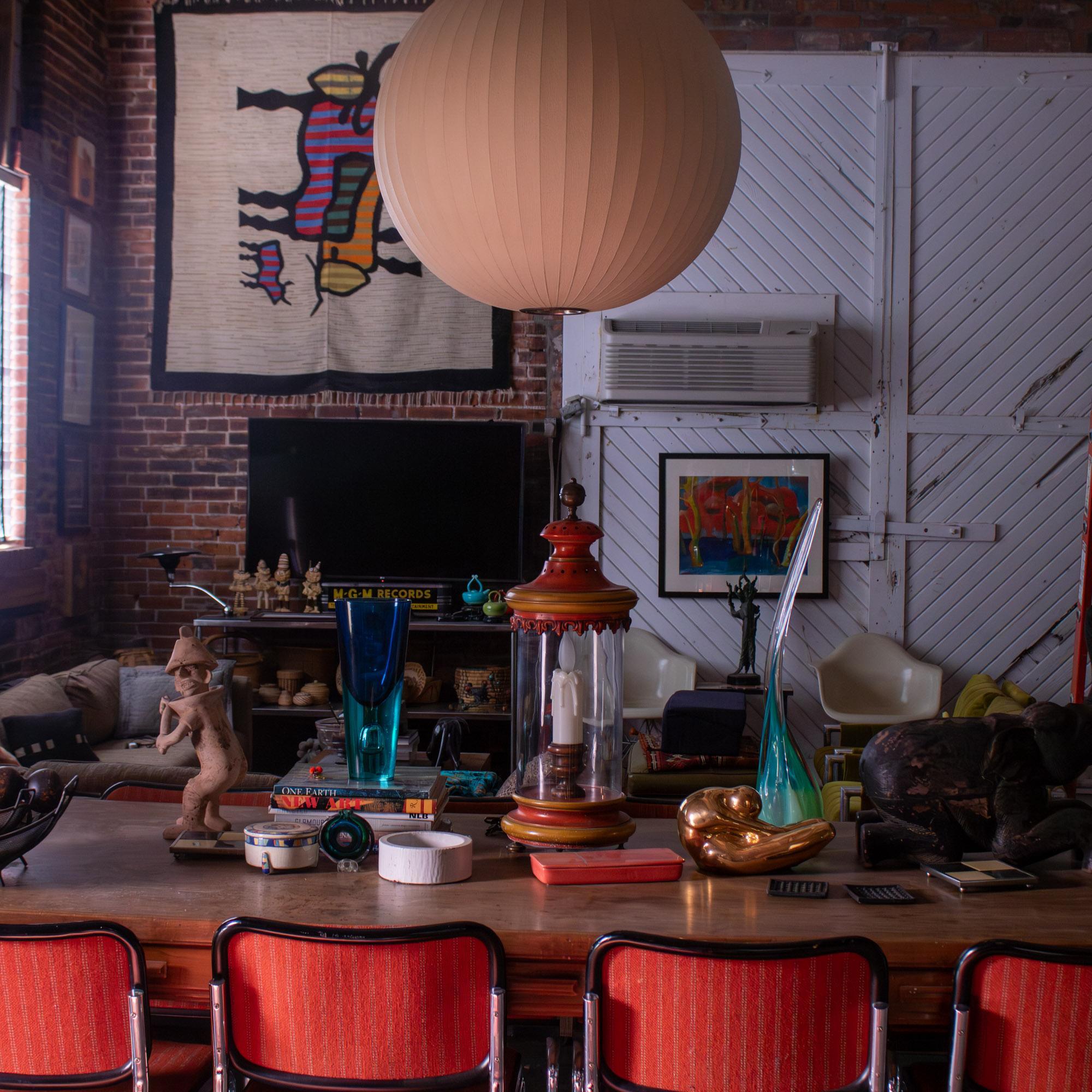 1960-1970’s Campaign Style Hurricane Lantern Table Lamp Orange & Yellow Painted Metal Frame & Brass Accents