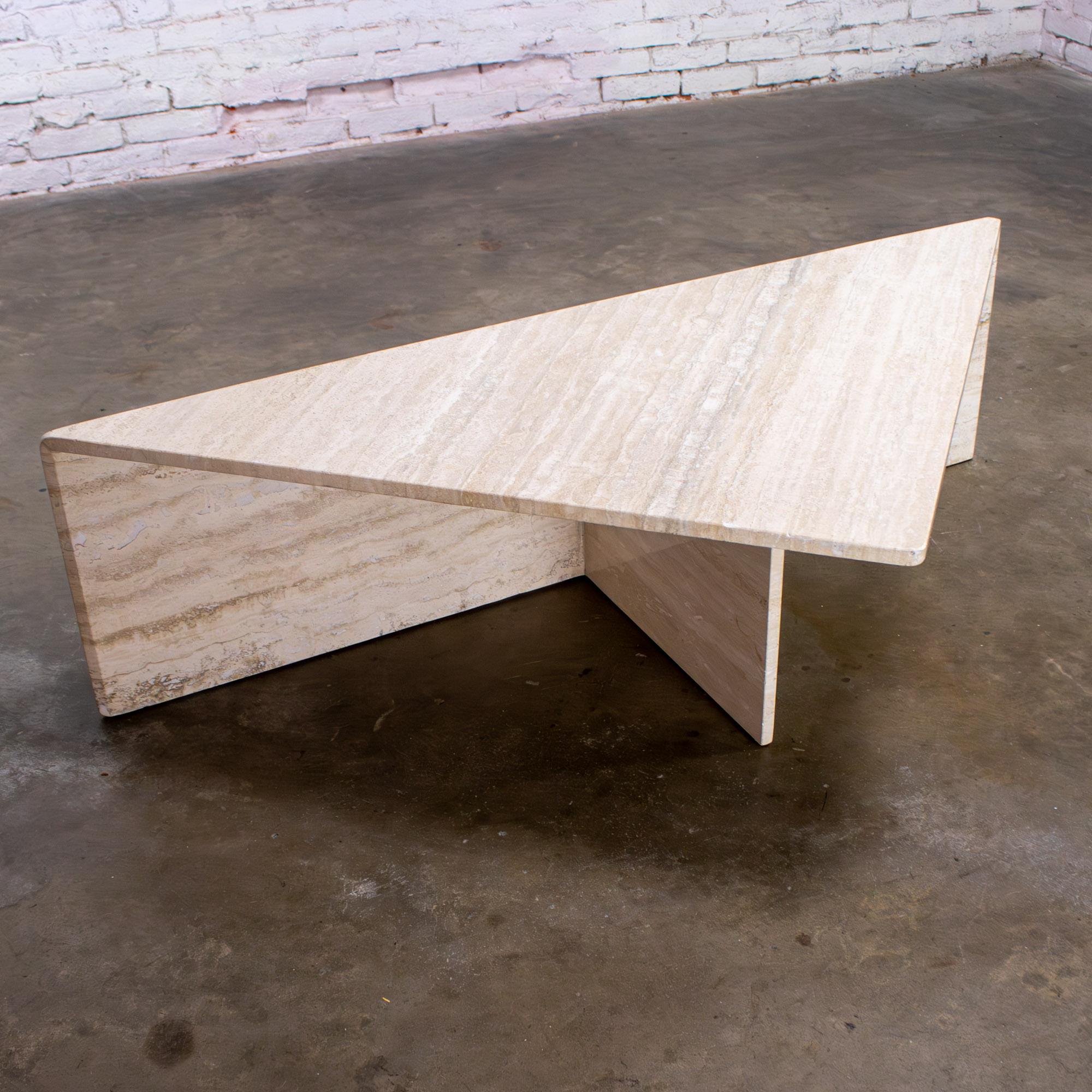Late 20th Century Modern to Postmodern Triangle Travertine Coffee or Cocktail Table Style of Up & Up