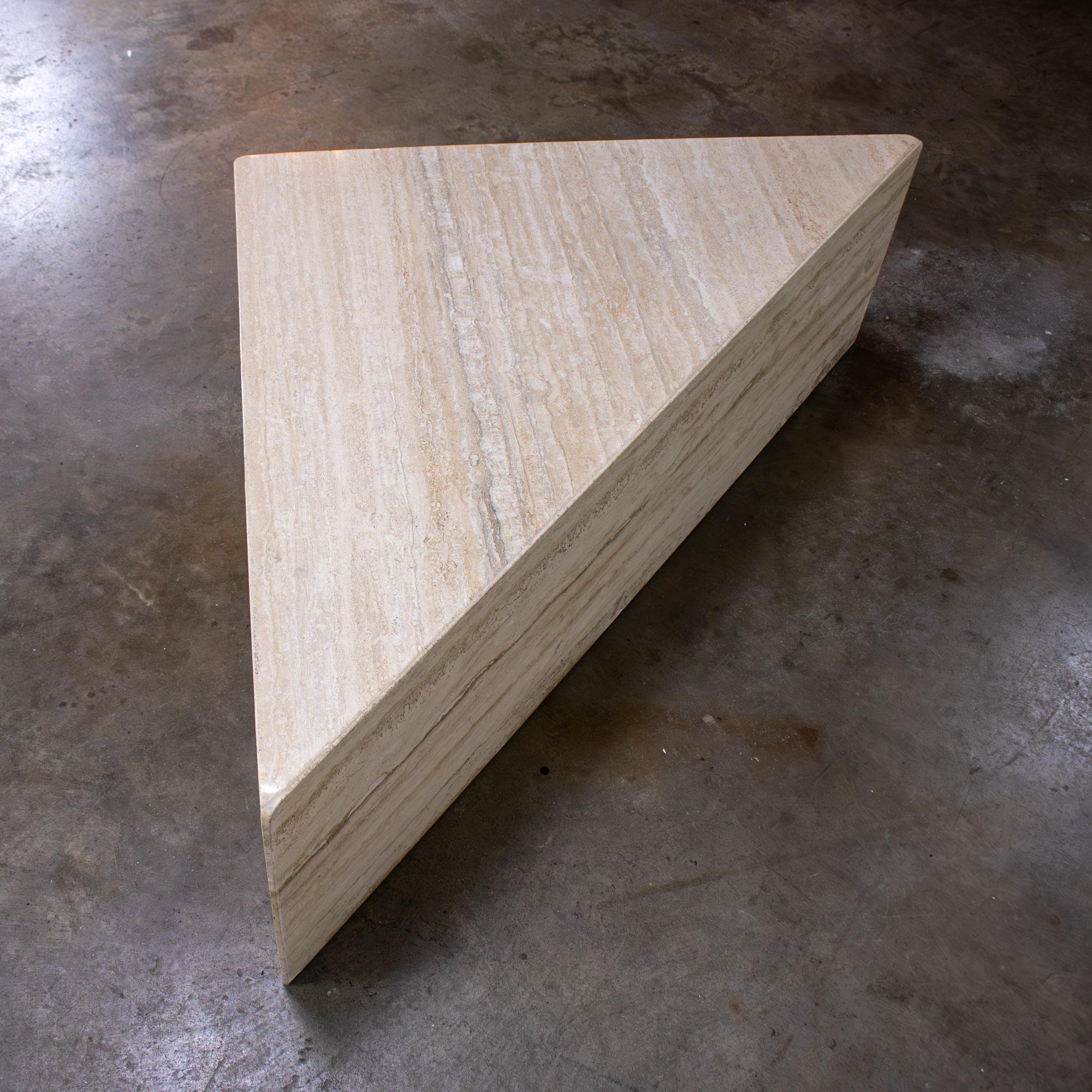 Late 20th Century Modern to Postmodern Triangle Travertine Coffee or Cocktail Table Style of Up & Up