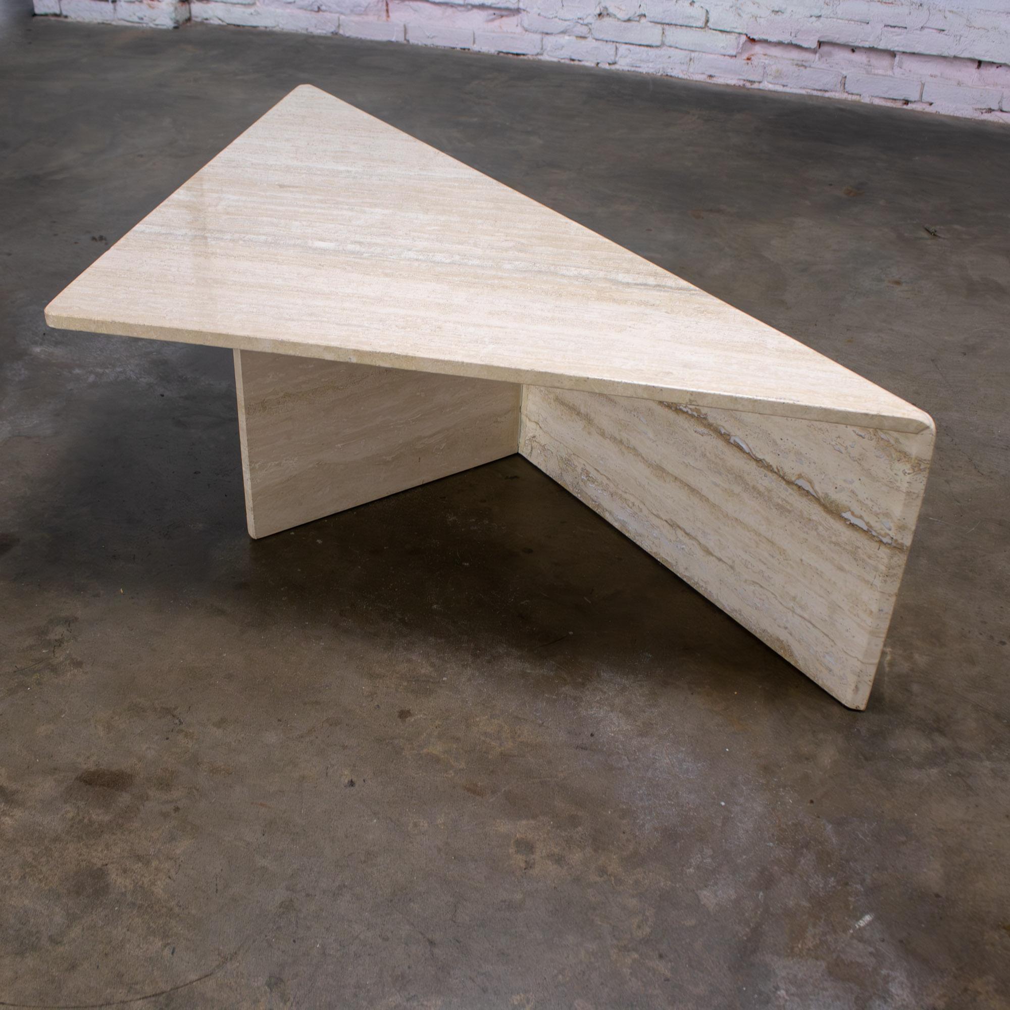 Late 20th Century Modern to Postmodern Triangle Travertine Coffee or Cocktail Table Style of Up & Up