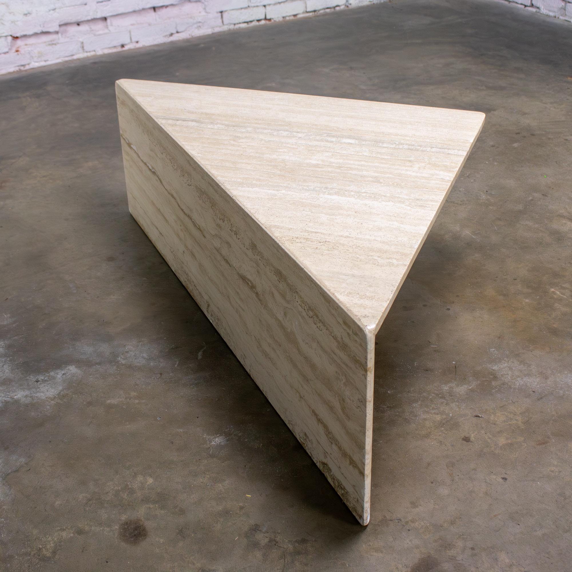 Late 20th Century Modern to Postmodern Triangle Travertine Coffee or Cocktail Table Style of Up & Up