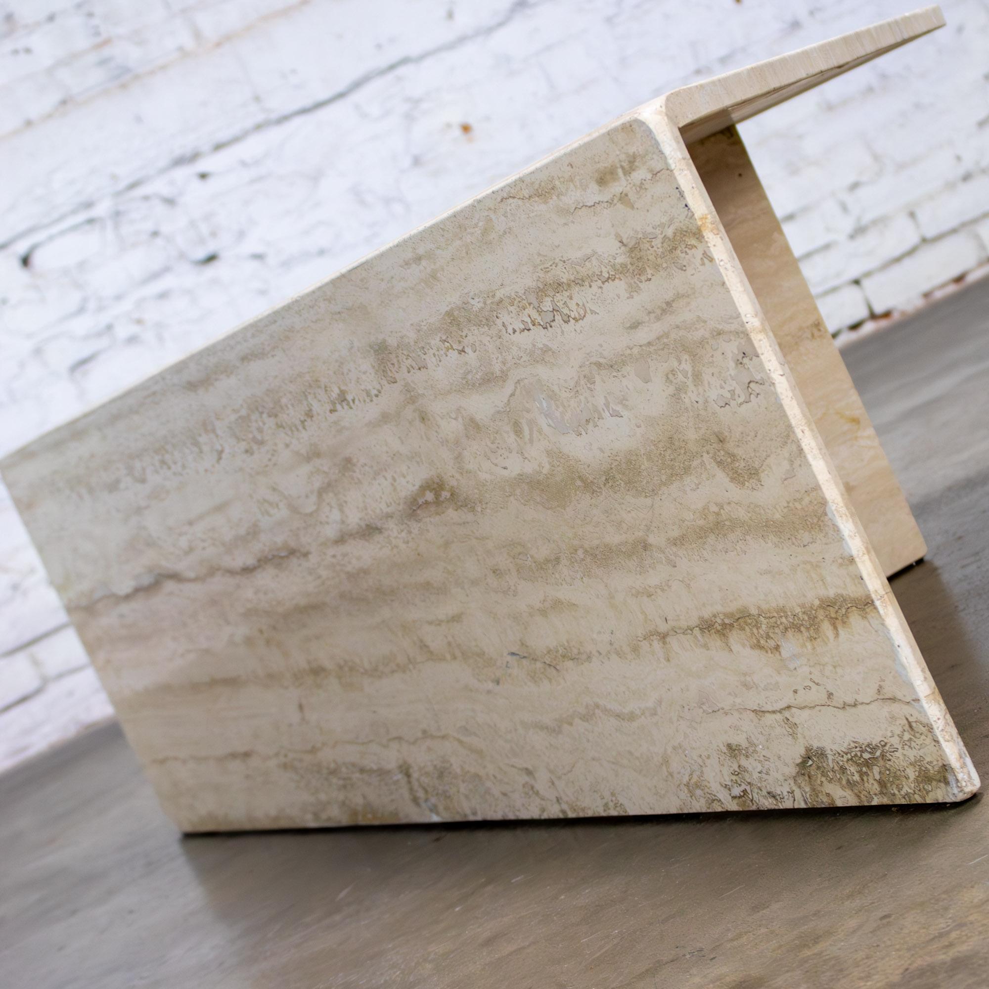 Late 20th Century Modern to Postmodern Triangle Travertine Coffee or Cocktail Table Style of Up & Up