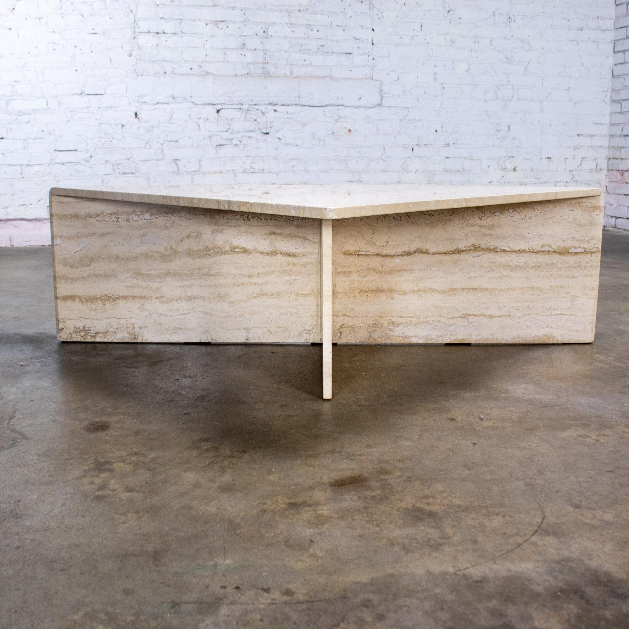 Late 20th Century Modern to Postmodern Triangle Travertine Coffee or Cocktail Table Style of Up & Up