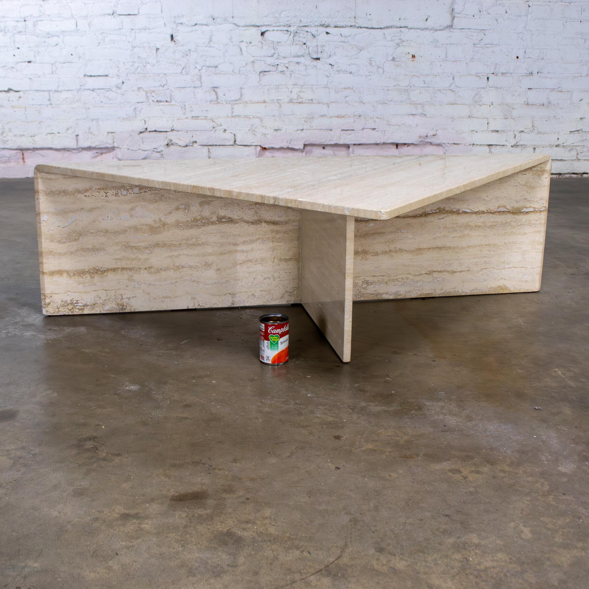 Late 20th Century Modern to Postmodern Triangle Travertine Coffee or Cocktail Table Style of Up & Up