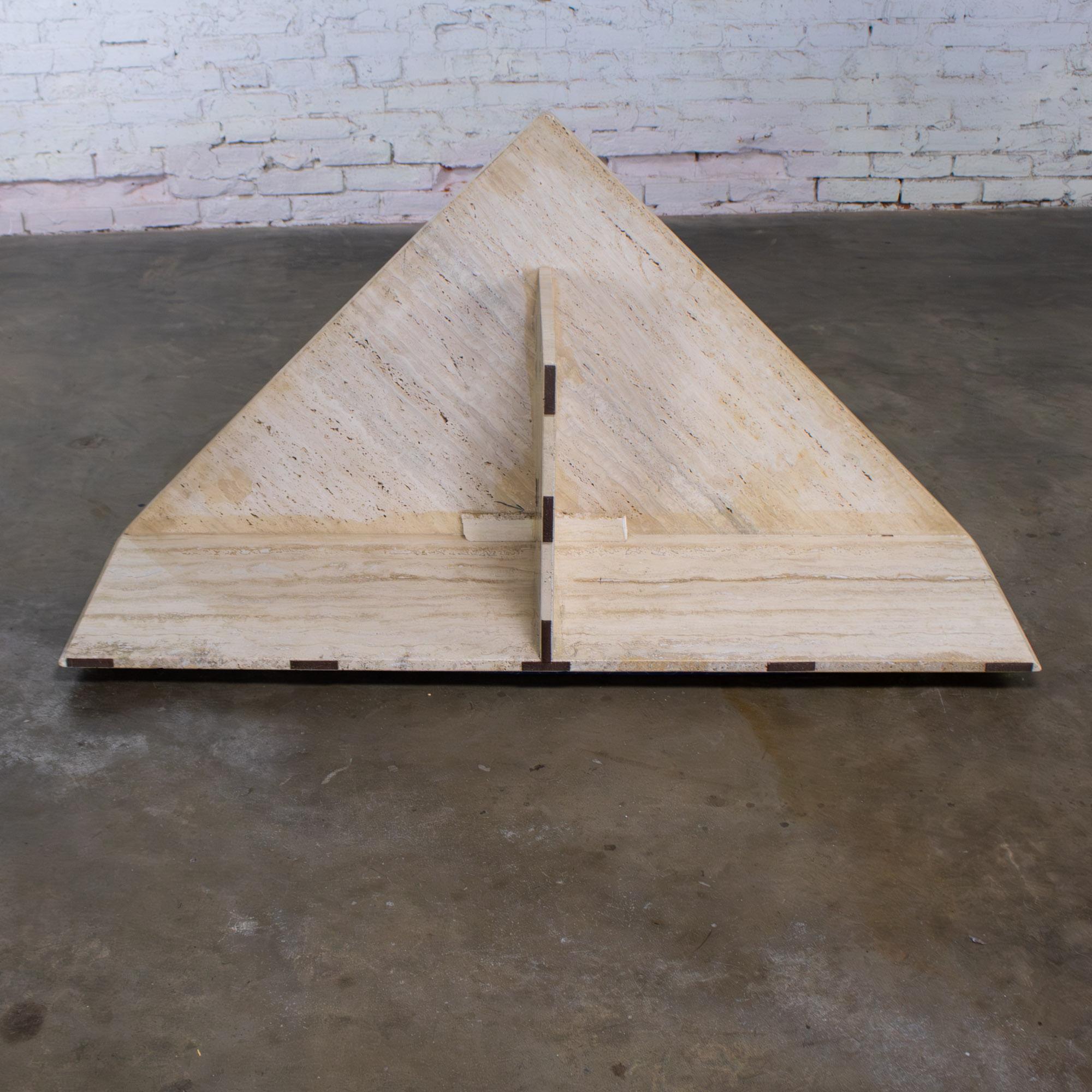 Late 20th Century Modern to Postmodern Triangle Travertine Coffee or Cocktail Table Style of Up & Up