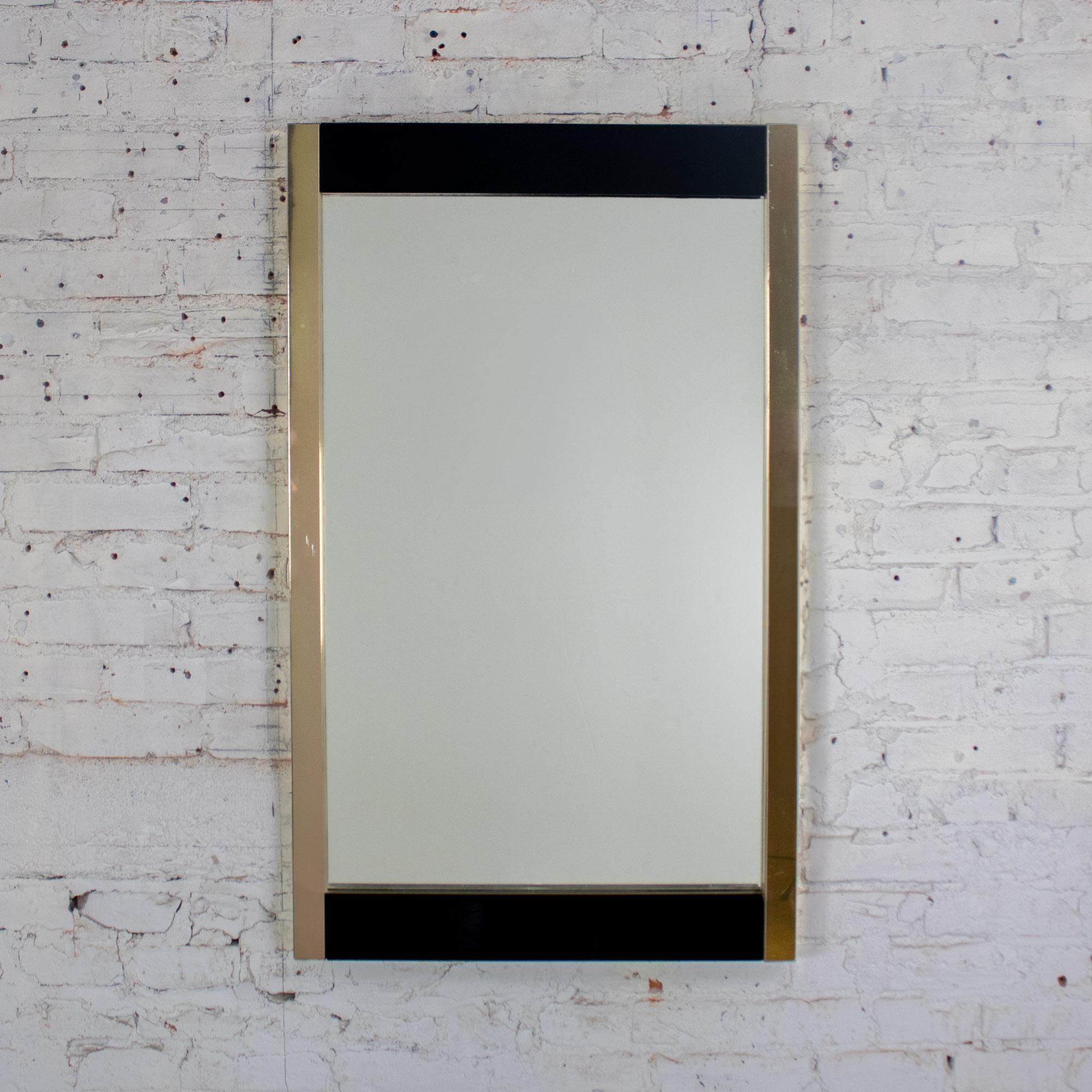 Late 20th Century Modern to Art Deco Revival Wall Mirror Black & Brass Rectangular Frame