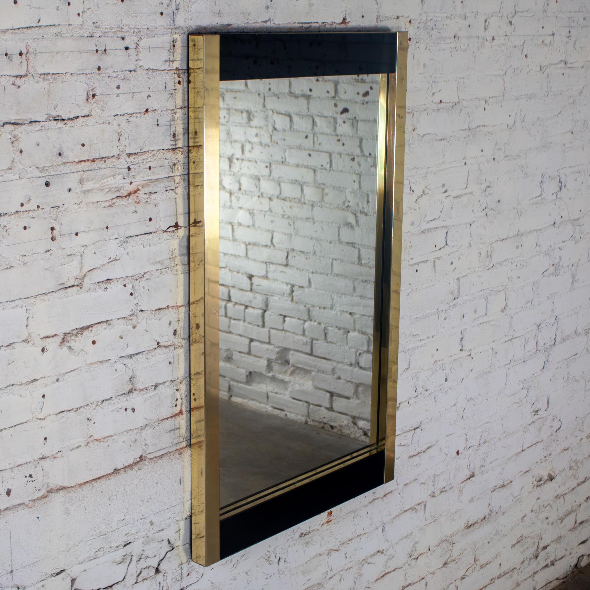 Late 20th Century Modern to Art Deco Revival Wall Mirror Black & Brass Rectangular Frame