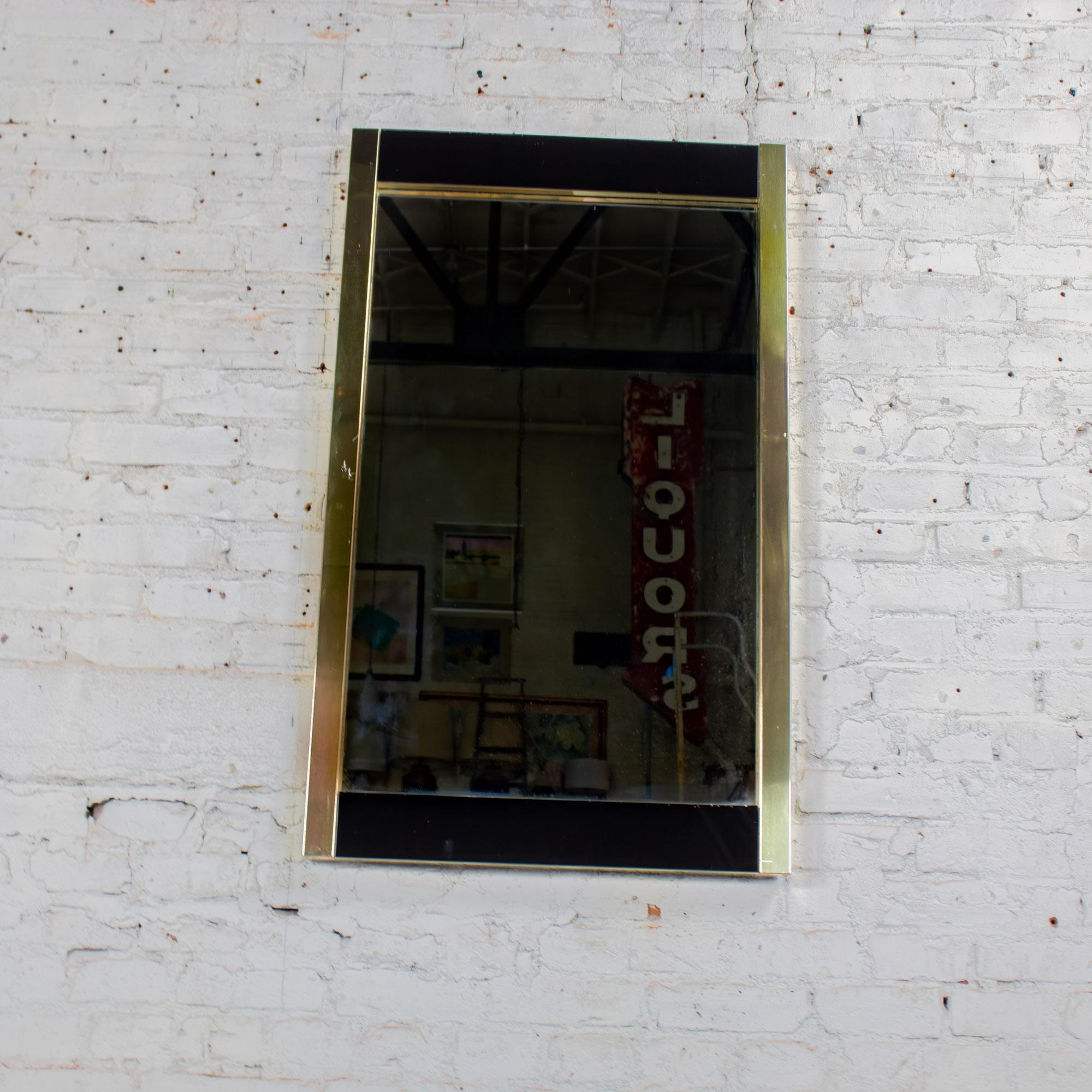 Late 20th Century Modern to Art Deco Revival Wall Mirror Black & Brass Rectangular Frame