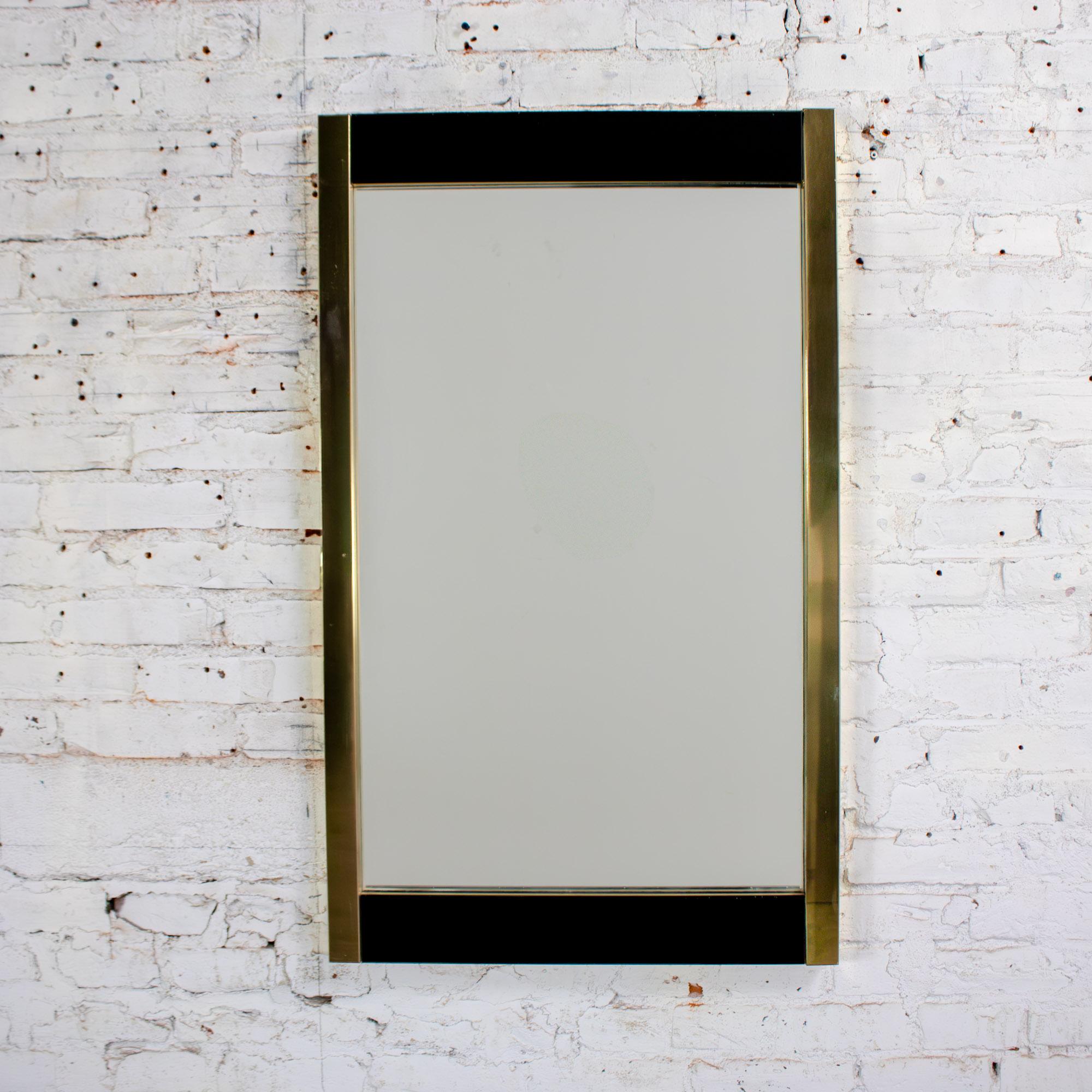 Late 20th Century Modern to Art Deco Revival Wall Mirror Black & Brass Rectangular Frame