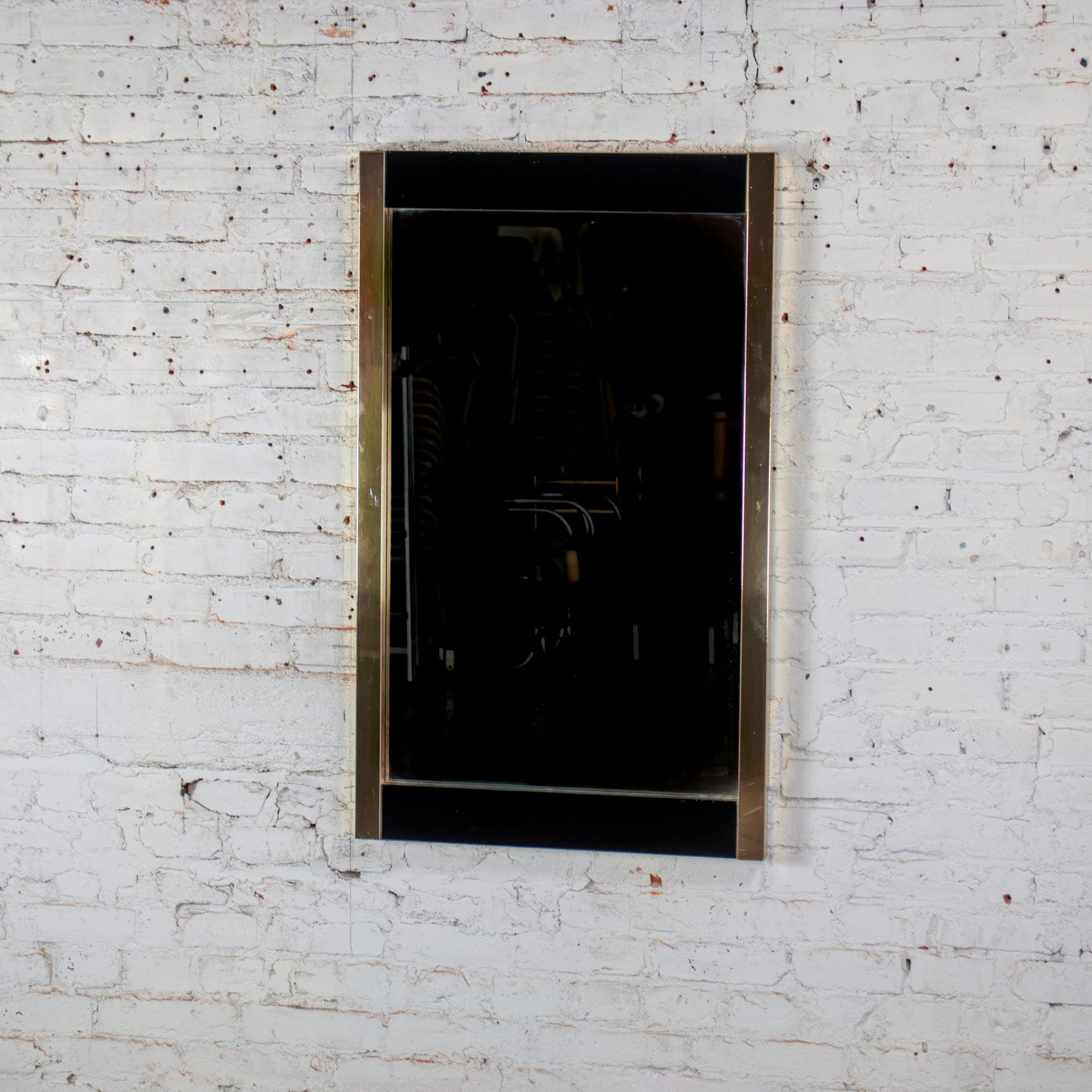 Late 20th Century Modern to Art Deco Revival Wall Mirror Black & Brass Rectangular Frame