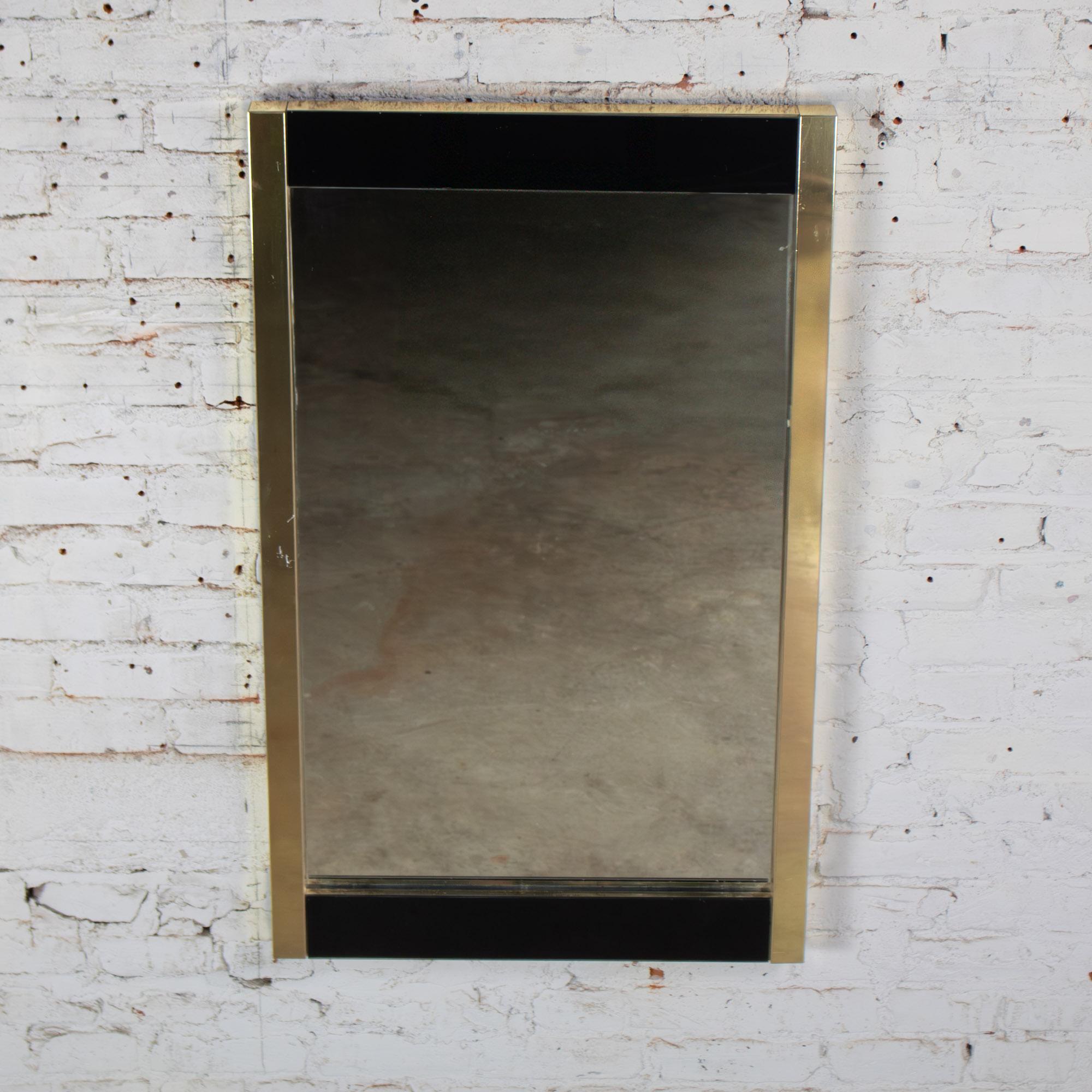Late 20th Century Modern to Art Deco Revival Wall Mirror Black & Brass Rectangular Frame