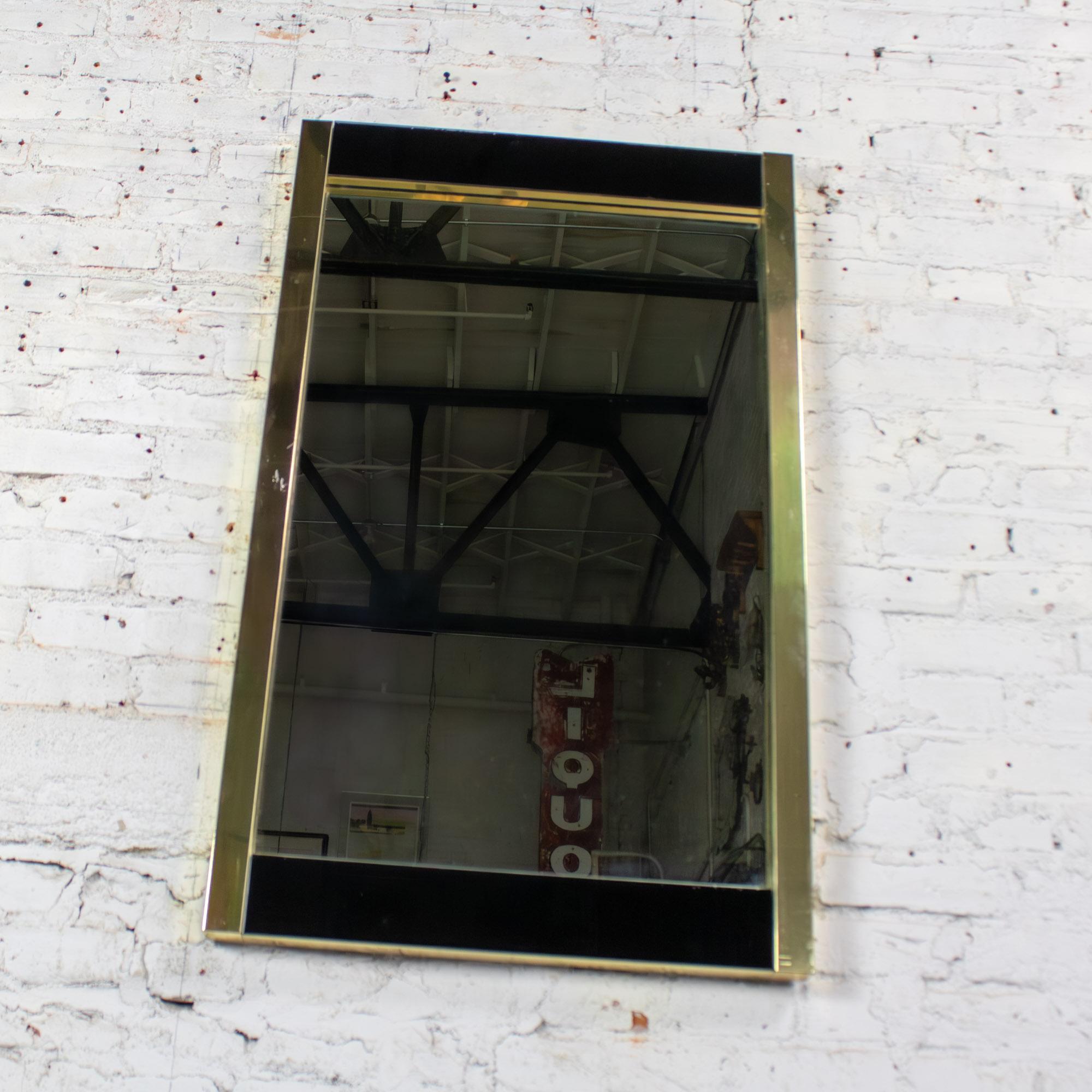 Late 20th Century Modern to Art Deco Revival Wall Mirror Black & Brass Rectangular Frame