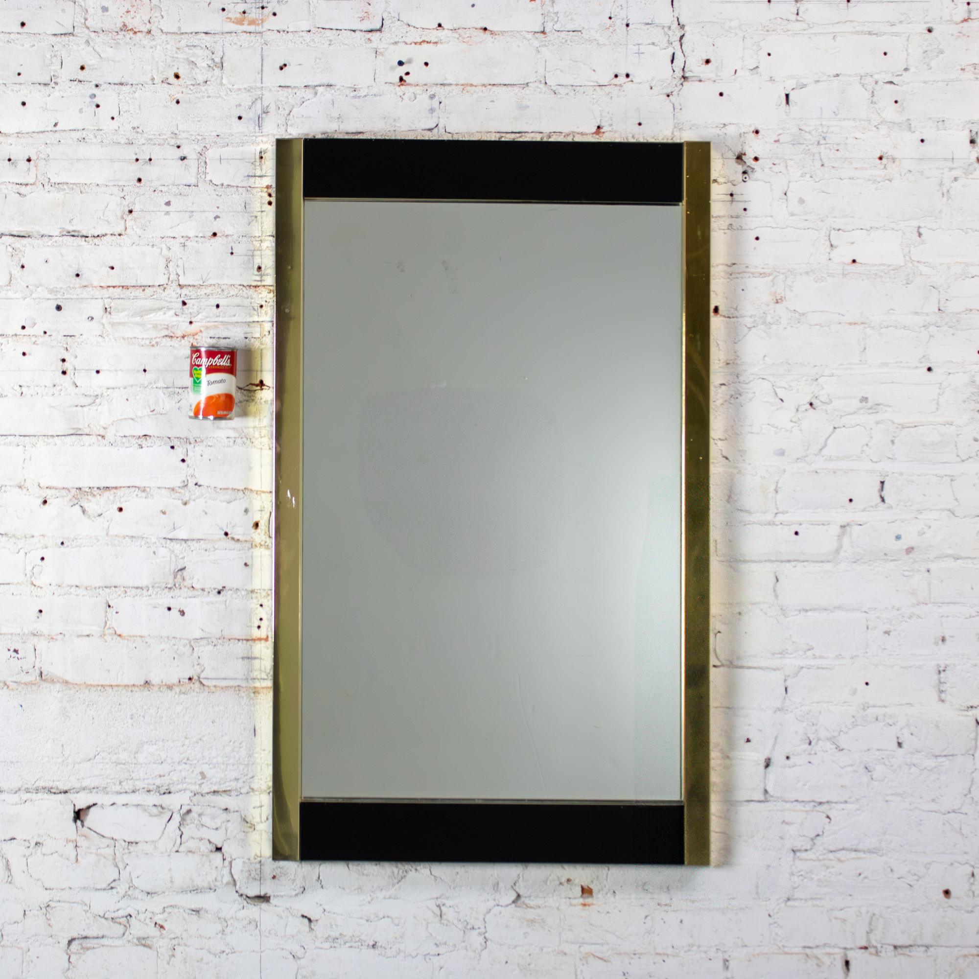 Late 20th Century Modern to Art Deco Revival Wall Mirror Black & Brass Rectangular Frame