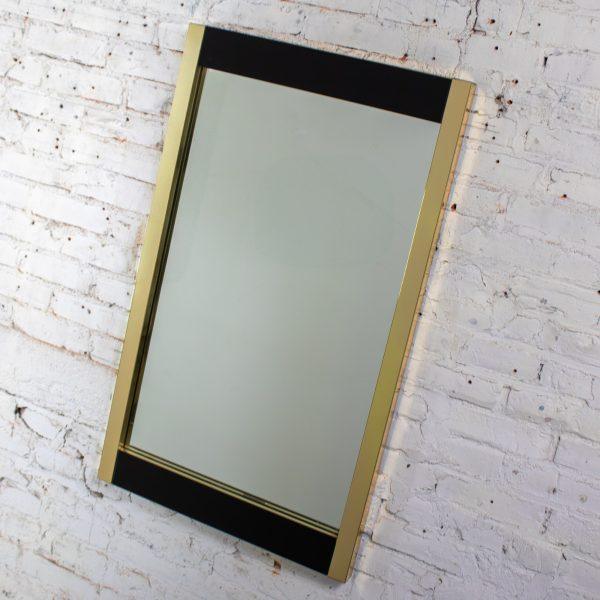 Late 20th Century Modern to Art Deco Revival Wall Mirror Black & Brass Rectangular Frame