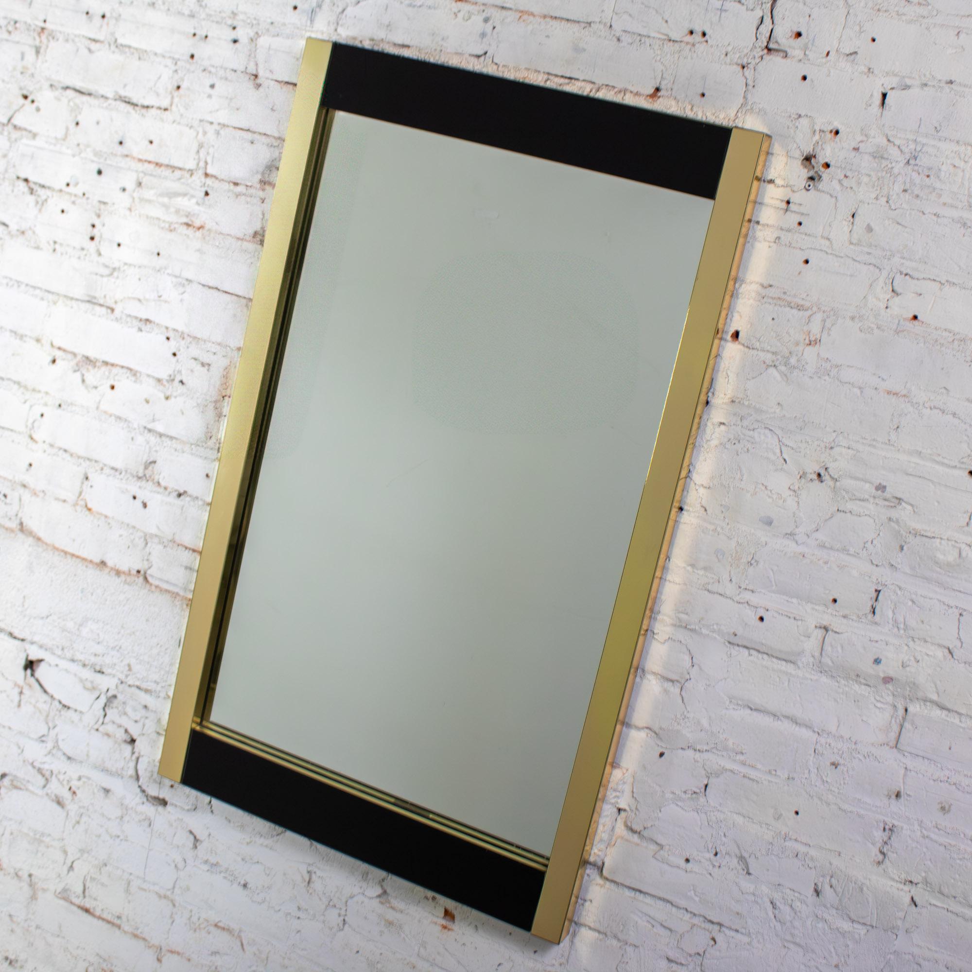 Late 20th Century Modern to Art Deco Revival Wall Mirror Black & Brass Rectangular Frame